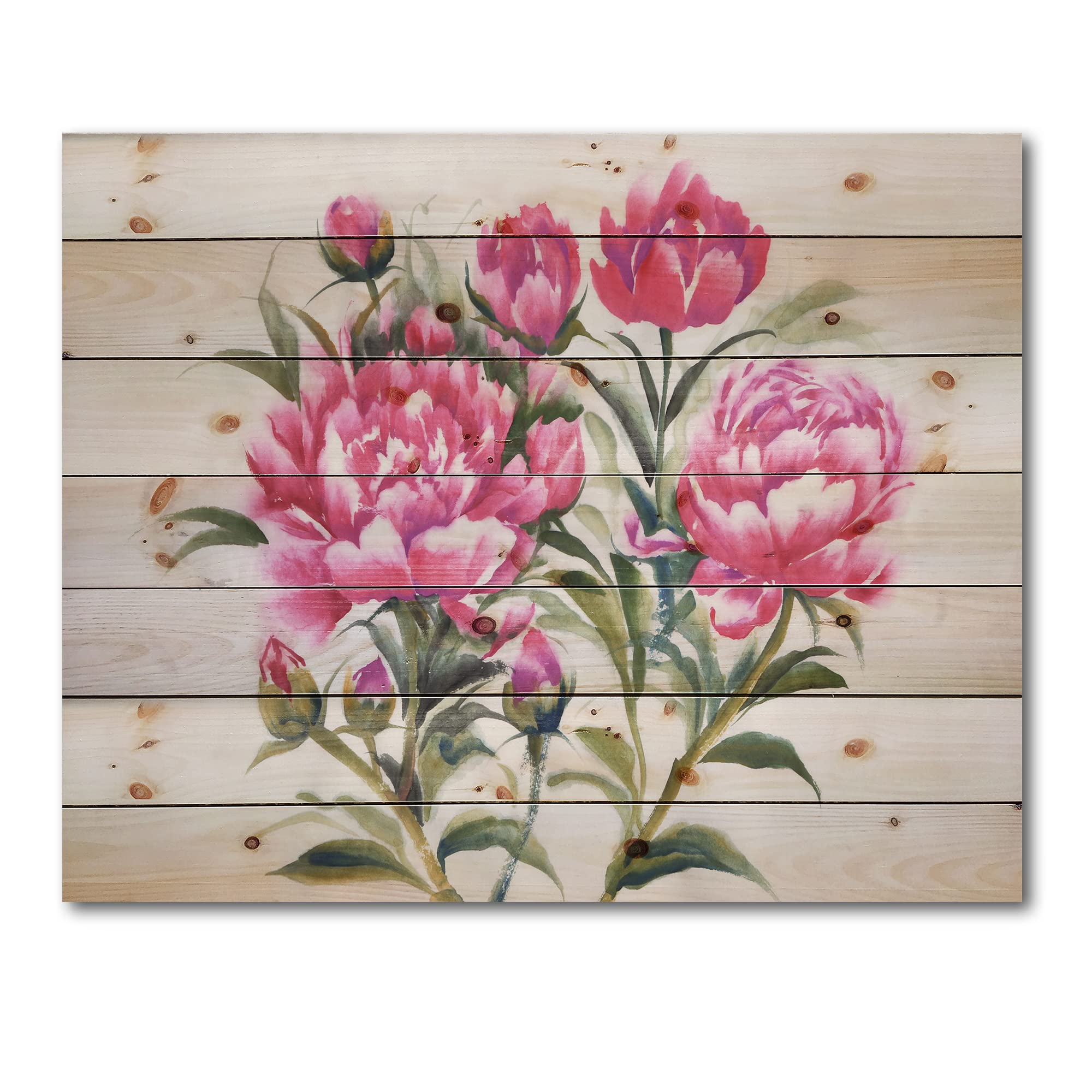 DesignQ Purple Peonies Bush Traditional Wood Wall Decor - Pink Floral Wood Wall Art - Large Pine Wood Wall Panels with Hand-Painted Peony Design - Perfect for Living Room, Bedroom & Home Office Decor