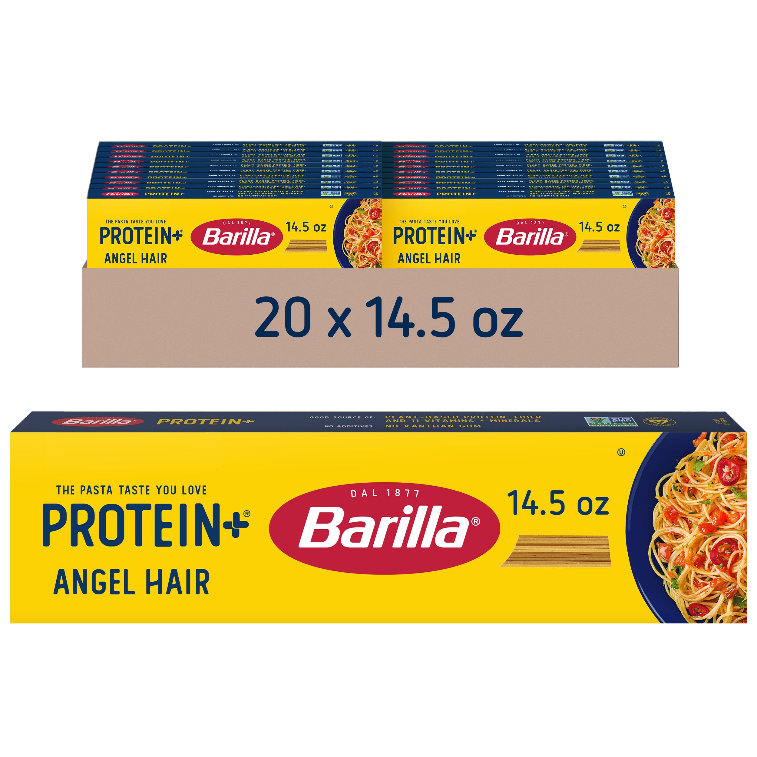 BARILLA Protein+ Angel Hair Pasta - High Protein Pasta with Lentils, Chickpeas & Peas - Plant-Based Protein Source - Non-GMO, Kosher Certified - 14.5oz Box (Pack of 20) - Perfect for Vegan Meals, High-Protein Diets & Healthy Cooking