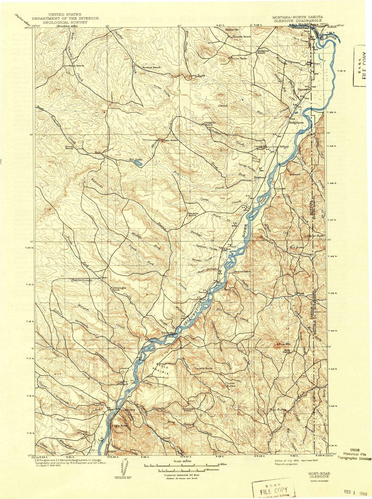 1909 Glendive, MT USGS Historical Topographic Map - 33x44 Inch Large Wall Art Decor - Vintage Montana Maps for Home Office & Classroom Decorations