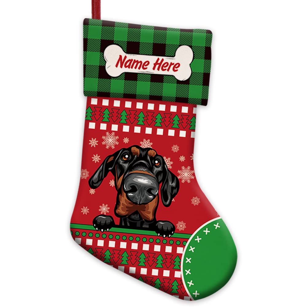 Personalized Merry Christmas Stockings - Cute Doberman Pinscher Dog with Bone Design, Red Buffalo Plaid & Snowflake Pattern, 14.4 Inch Holiday Decor for Fireplace, Gift Exchange & Festive Home Decoration