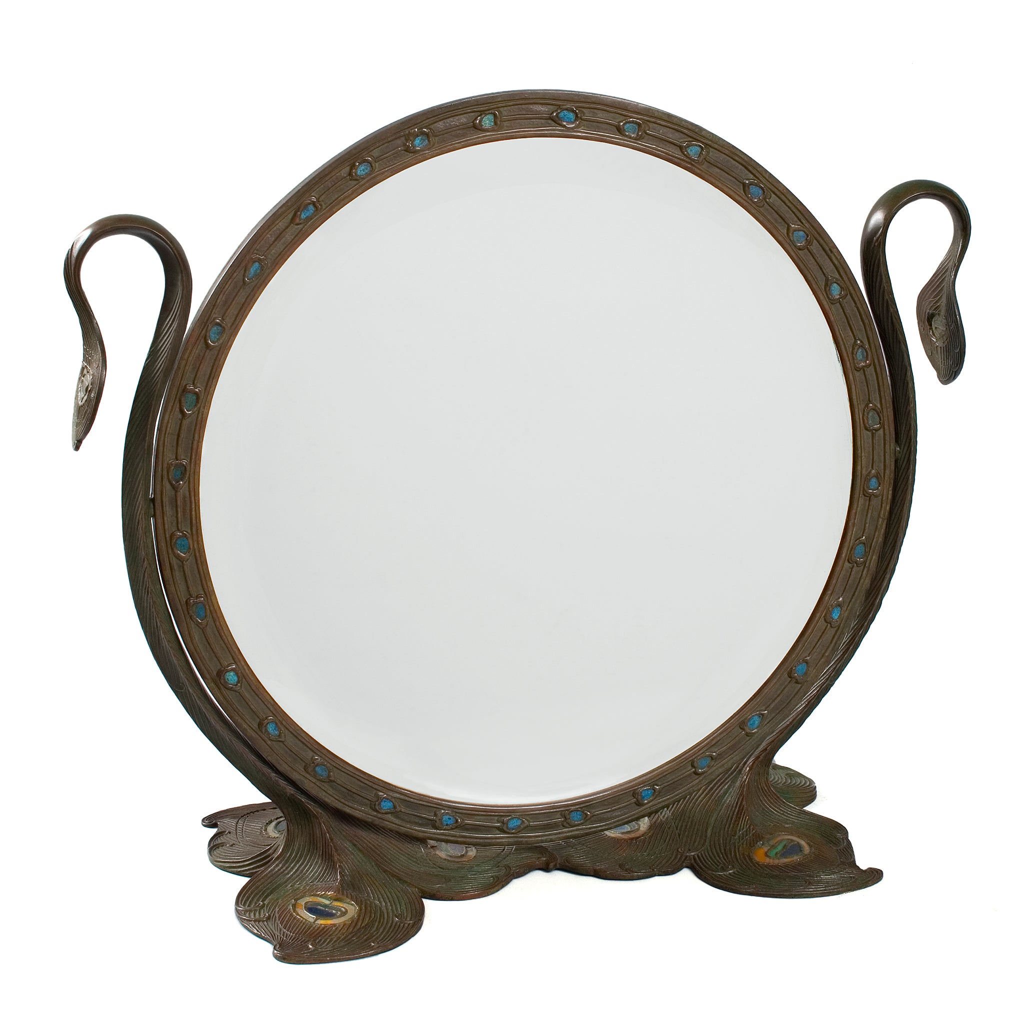 Tiffany Studios New York Peacock Favrile Glass and Bronze Mirror - Vintage Home Decor, Elegant Wall Mirror for Living Room, Bedroom, or Entryway
