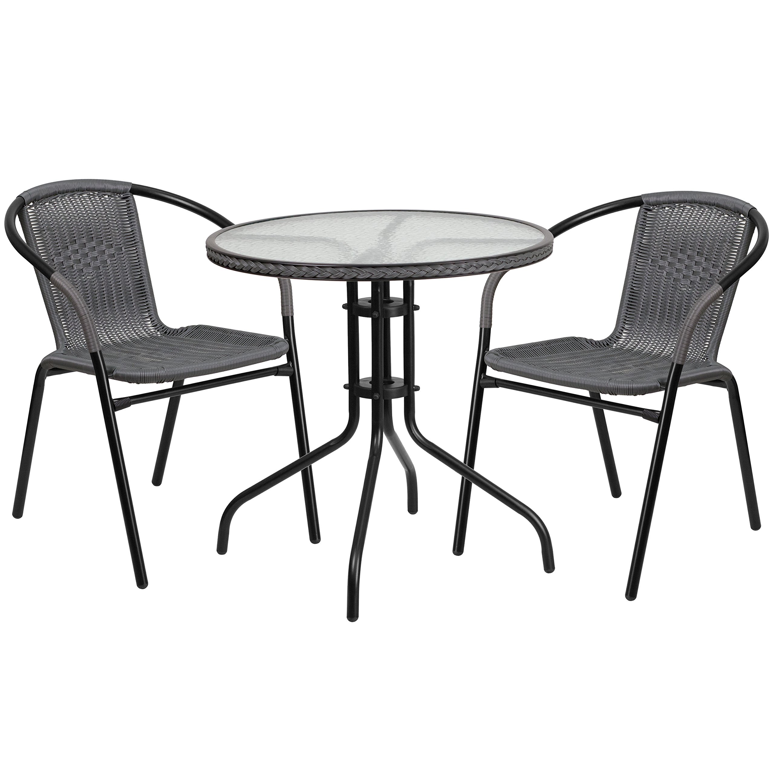 3-Piece Gray Rattan Round Glass Patio Dining Set with 28.75