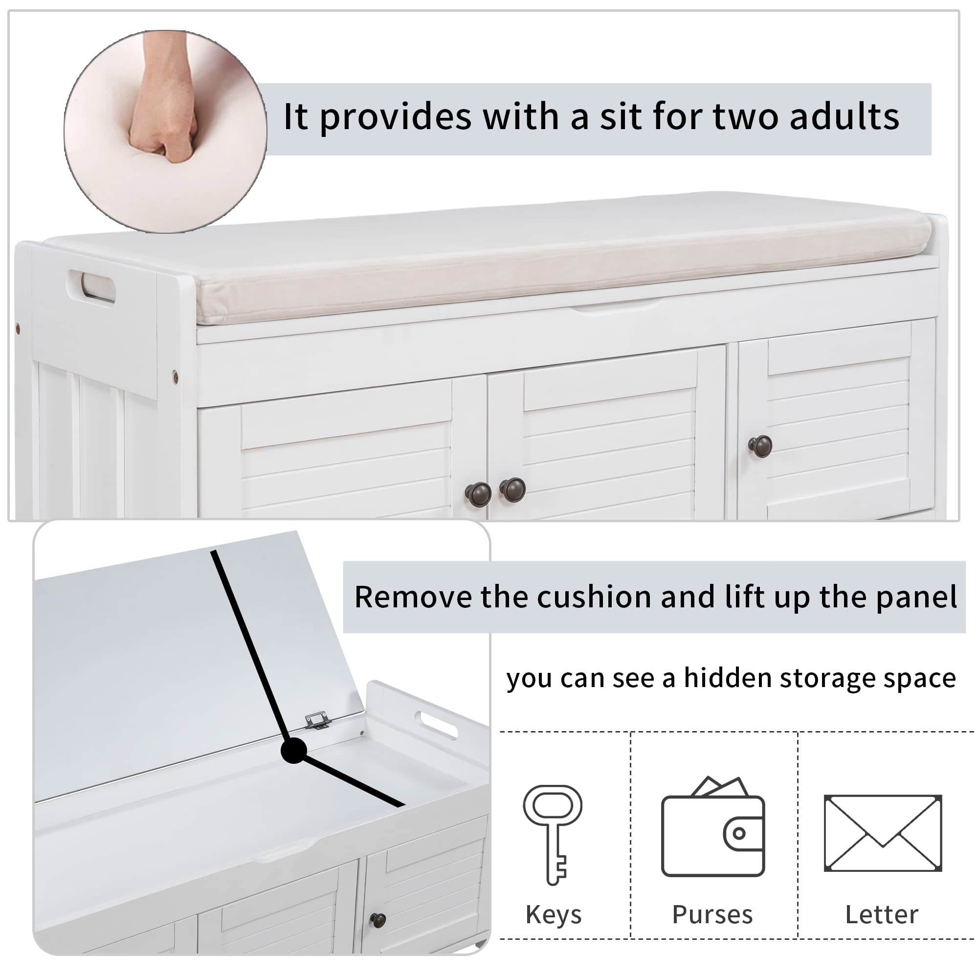 Merax Storage Bench with 3 Shutter Doors - Entryway Shoe Bench with Removable Cushion & Hidden Storage - Perfect for Living Room, Bedroom, Hallway Organization & Home Decor