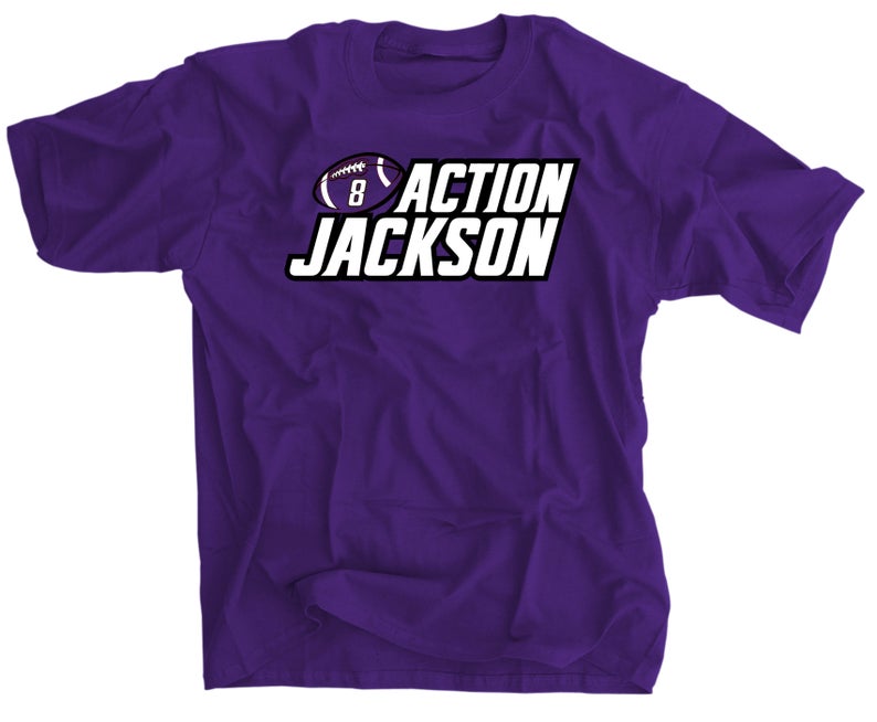 Action Jackson 8 Baltimore Ravens Football Fan T-Shirt - Officially Licensed NFL Apparel for Men, Women & Kids - Perfect for Game Day, Tailgating & Sports Events