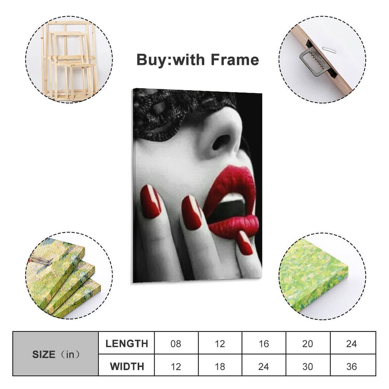 Red Lips Black and White Canvas Wall Art Set - 3 Piece Modern Fashion Poster for Bedroom, Bathroom & Living Room Decor - 24x36 Inch Framed Painting - Perfect for Women's Home, Apartment & Office Wall Decoration