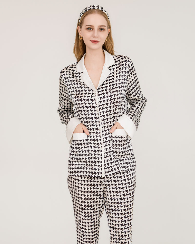 Luxury Houndstooth Silk Pajamas with Swarovski Crystal Buttons - Women's Elegant Sleepwear Set for Gifts & Special Occasions