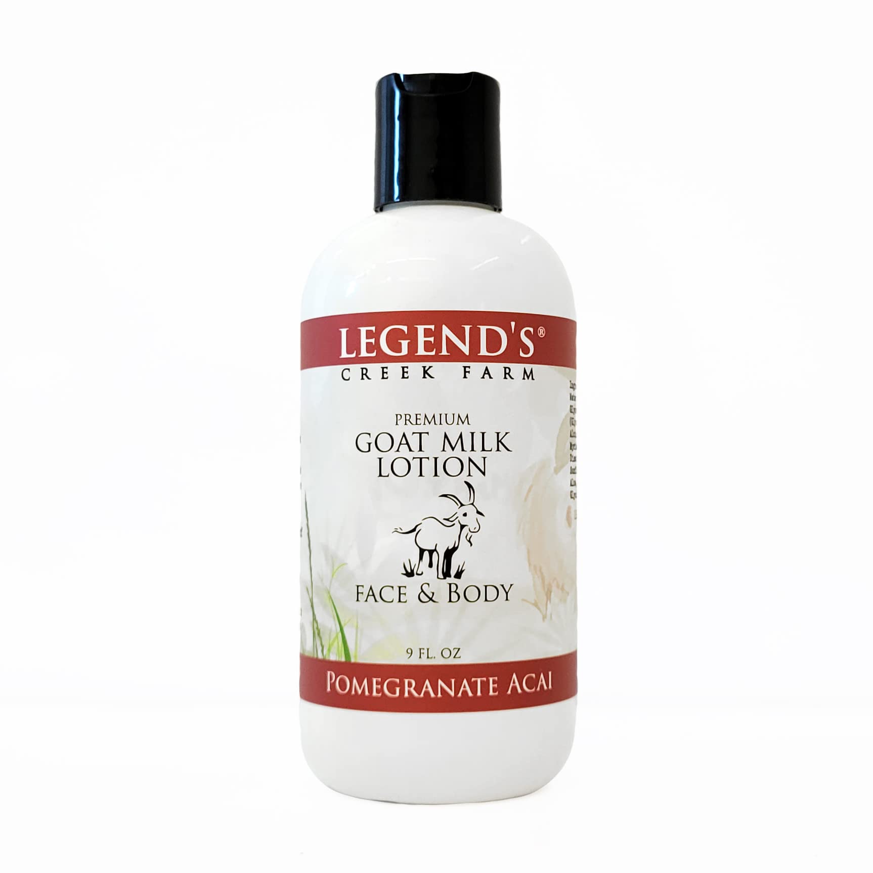 Legend's Creek Farm Goat Milk Lotion - 9 oz Hydrating Body, Hand & Face Moisturizer with Shea Butter, Sunflower Oil & Aloe | Handmade in USA | Pomegranate Acai Scent | Perfect for Dry Skin Care, Daily Hydration & Gift Giving
