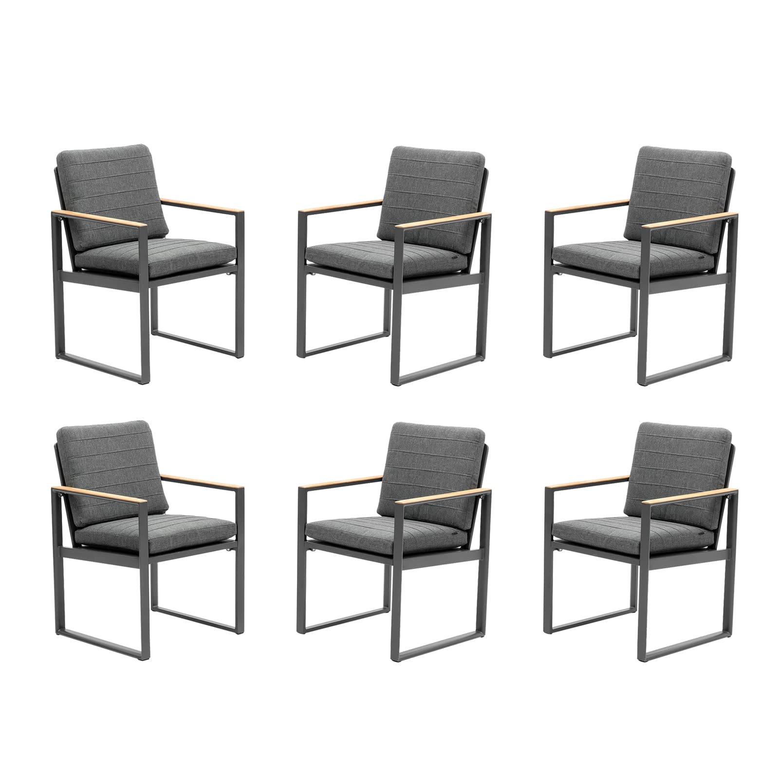 Premium Outdoor Dining Chair Set of 6 - Weather-Resistant Aluminum Patio Chairs with Teak Armrests & Cushions - Grey Garden Furniture for Backyard, Poolside & Restaurant Outdoor Seating