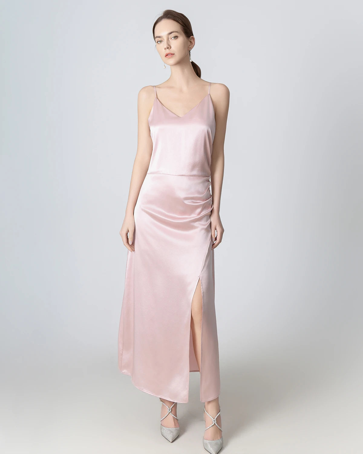 Elegant V-Neck Pleated Slit Maxi Silk Dress for Women - Perfect for Weddings, Parties & Evening Events