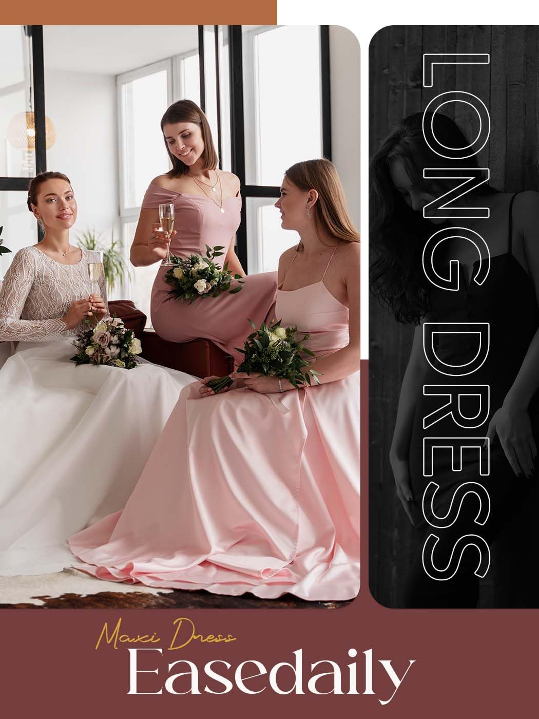 EASEDAILY Women's Pink V-Neck Short Sleeve High Waist Slit Maxi Dress for Bridesmaid Wedding Guest Evening Party - Elegant Long Gown for Formal Events, Prom, Cocktail Parties & Special Occasions