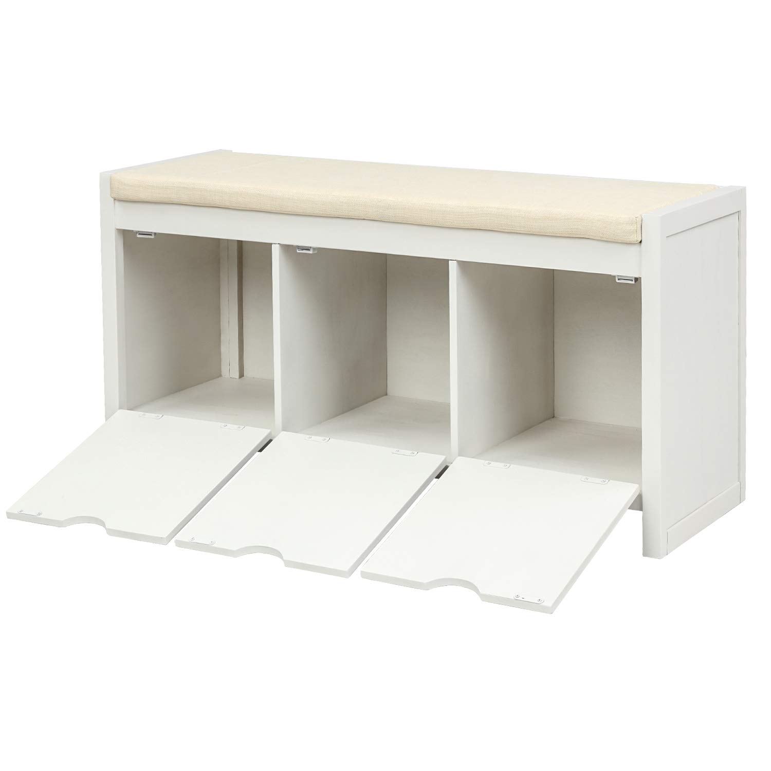 White Storage Bench with Removable Cushion & 3 Flip-Up Compartments - Entryway Organizer, Hallway Seat & Shoe Storage Solution for Home, Office or Dorm Room