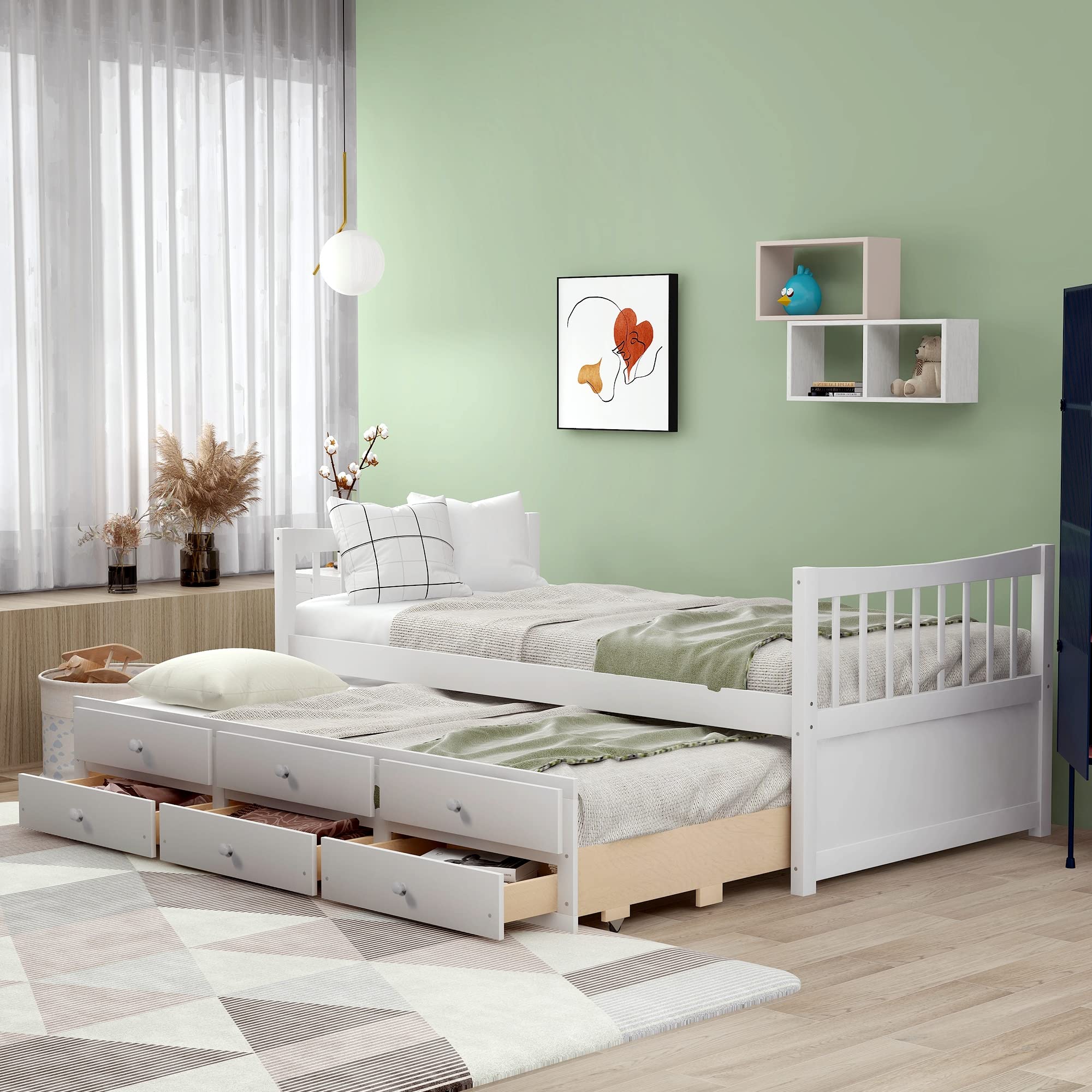 **White Twin Captain's Bed with Trundle & 3 Storage Drawers - Wood Platform Bed Frame with Headboard & Footboard for Kids, Teens & Adults - No Box Spring Needed, Easy Assembly - Perfect for Small Spaces, Guest Rooms & Dormitories**