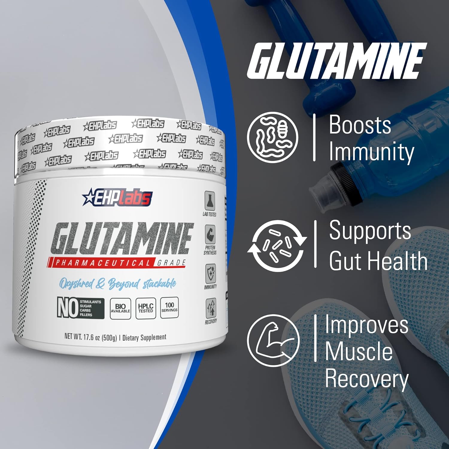 EHP Labs Glutamine Powder 500g (100 Servings) - Unflavored Muscle Recovery Supplement for Athletes & Fitness Enthusiasts - Post-Workout & Training Support