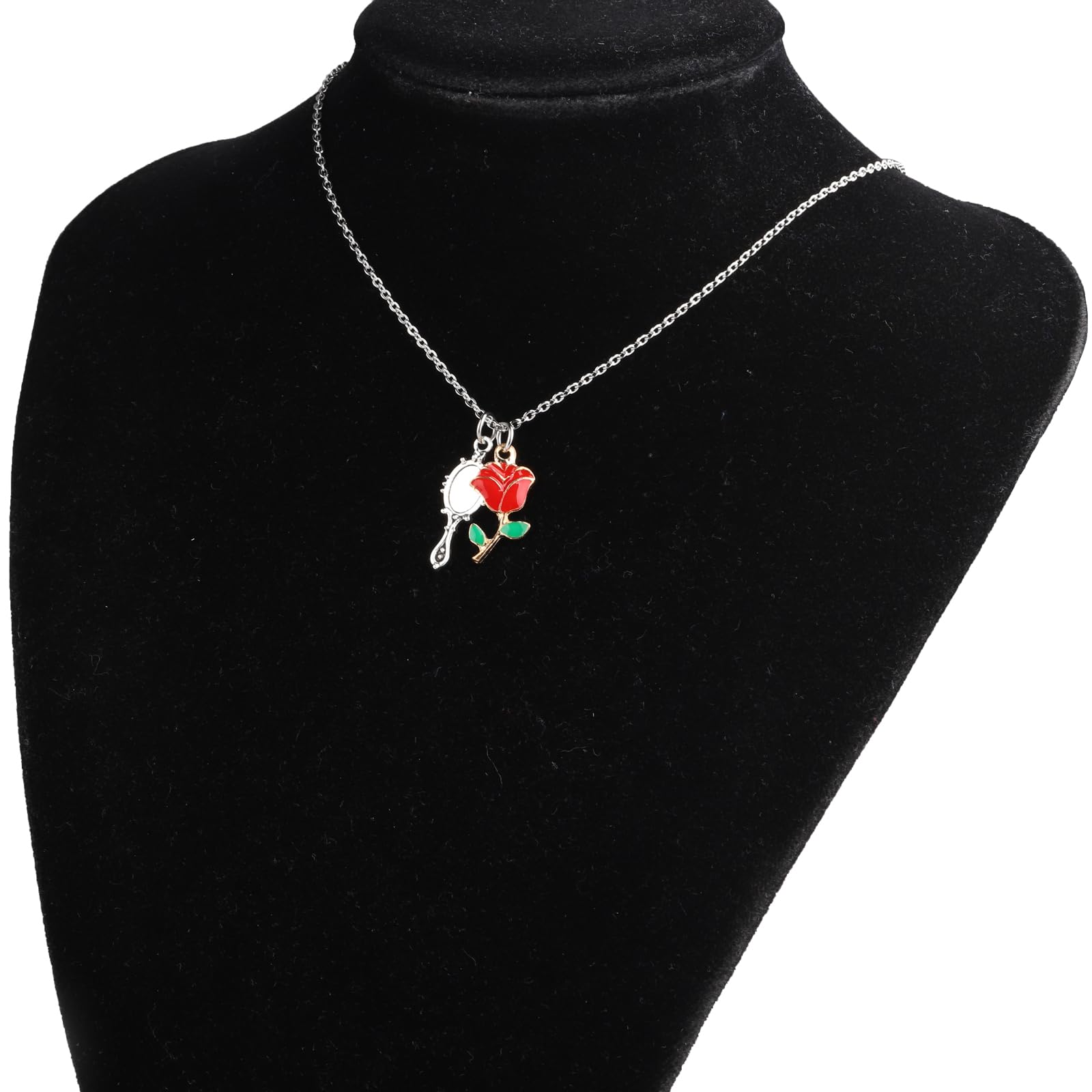 UJIMS Beauty and the Beast Inspired Mirror & Rose Charm Necklace - Belle Princess Jewelry Gift for Disney Fans - Perfect for Cosplay, Birthday, Anniversary & Fairy Tale Themed Events