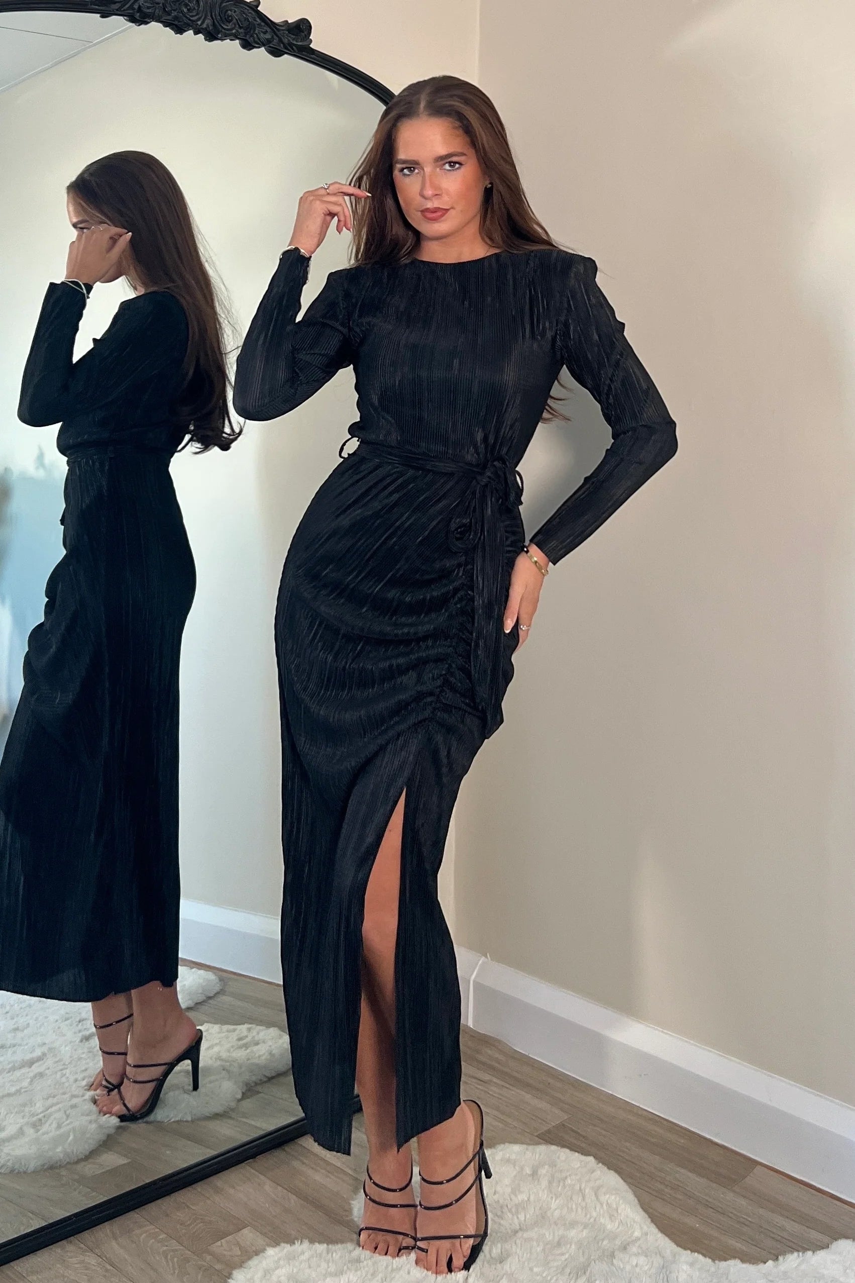Elena Long Sleeve Ruched Seamed Midi Dress for Women - Elegant Black Bodycon Dress for Party, Wedding & Evening Occasions