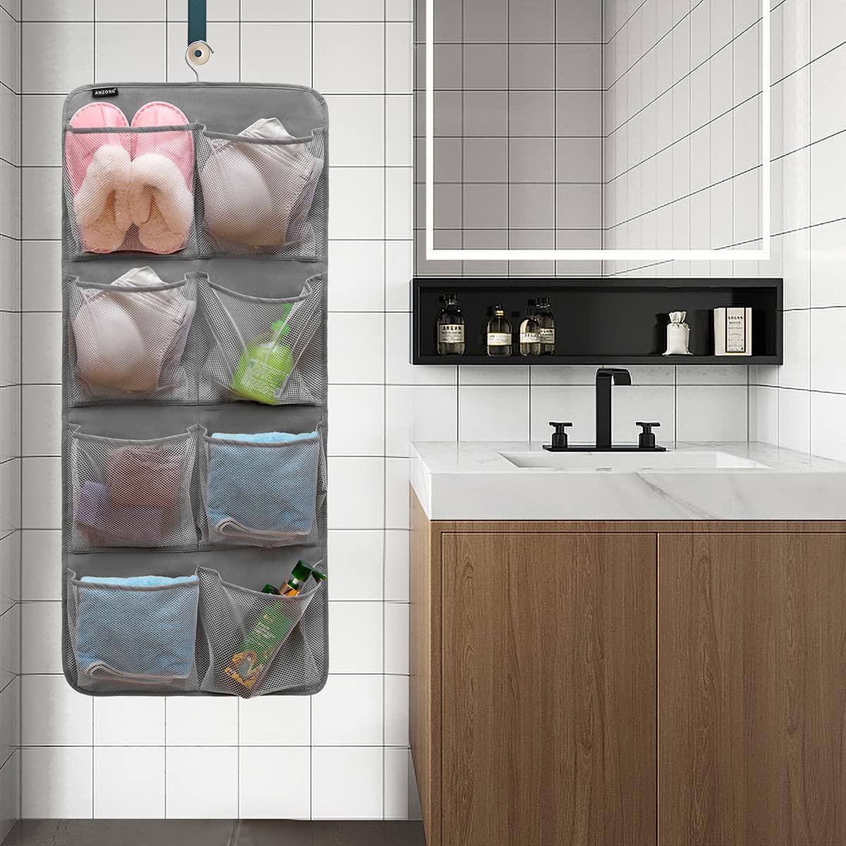 Dual-Sided Hanging Closet Organizer - 26 Pockets for Socks, Underwear, Bras & Baby Clothes | Space-Saving Storage for Kids & Toddler Shoes (Grey-Mesh Pockets) | Perfect for Nursery, Bedroom & Small Closet Organization