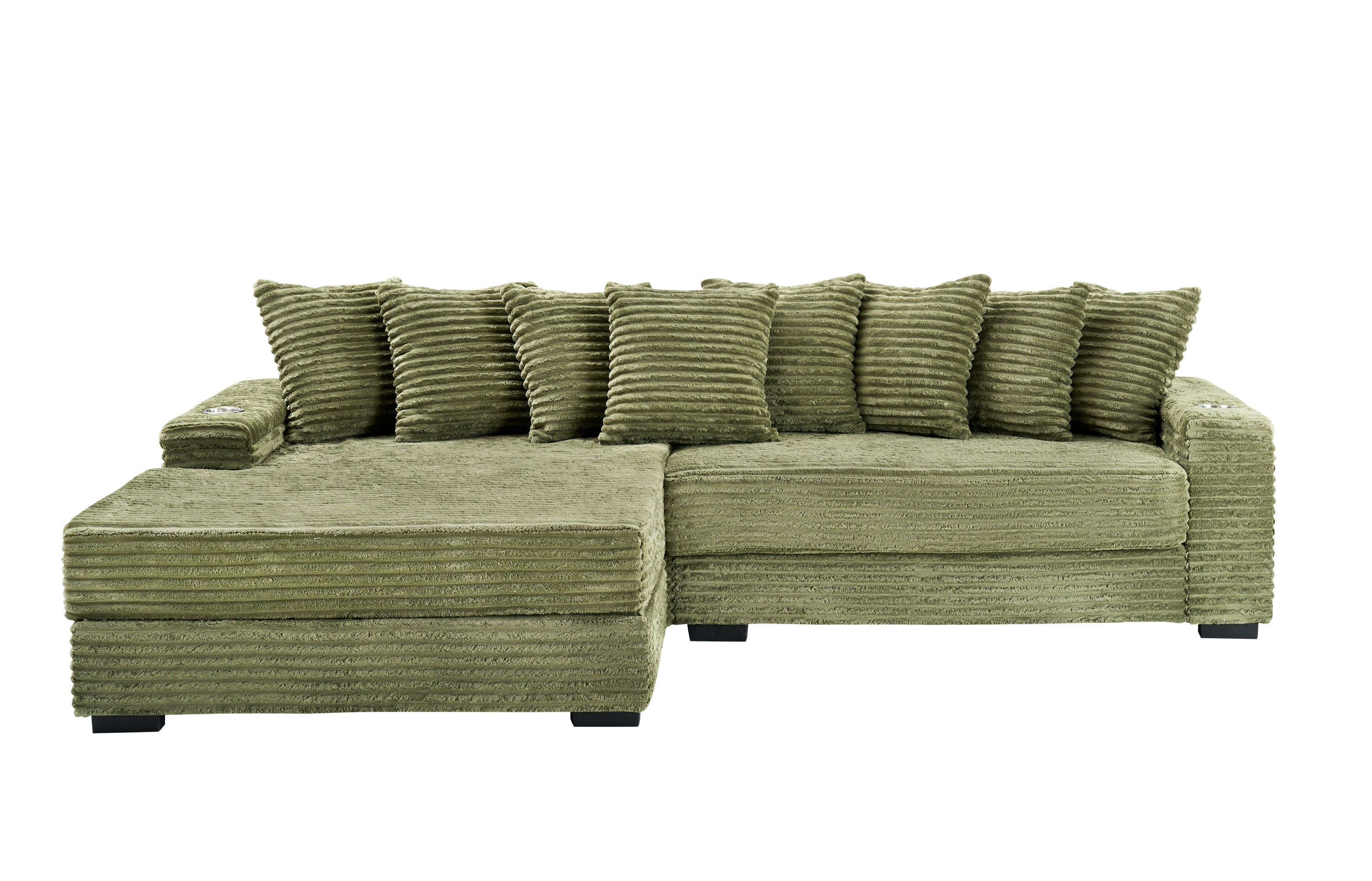 111.4 Inch Green Corduroy Sofa with Cup Holders & Storage Lockers on Armrests, Reversible Chaise Lounge (Left/Right Swappable) - Perfect for Living Room & Bedroom | Modern Comfort for Movie Nights & Family Gatherings