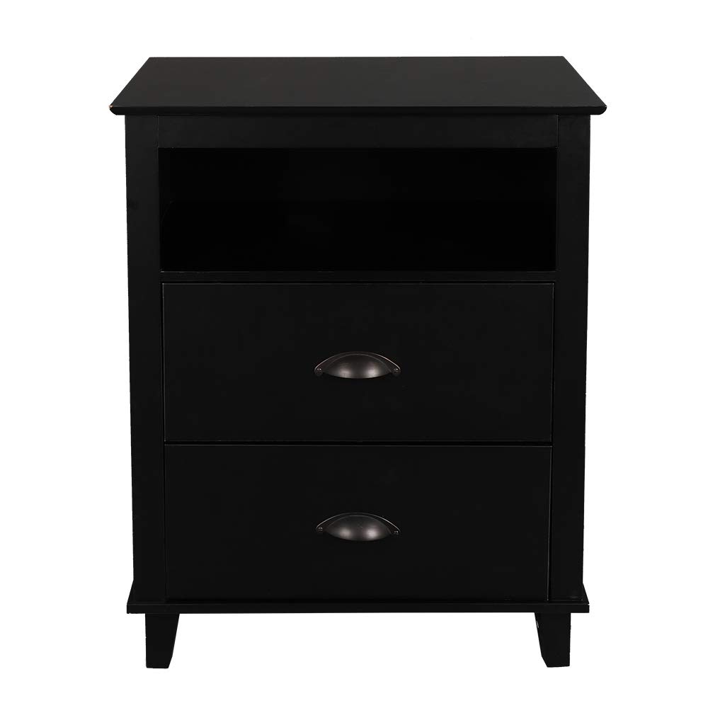 2-Drawer End Table Nightstand with Storage - Black Wooden Bedside Table for Bedroom, Living Room, and Office