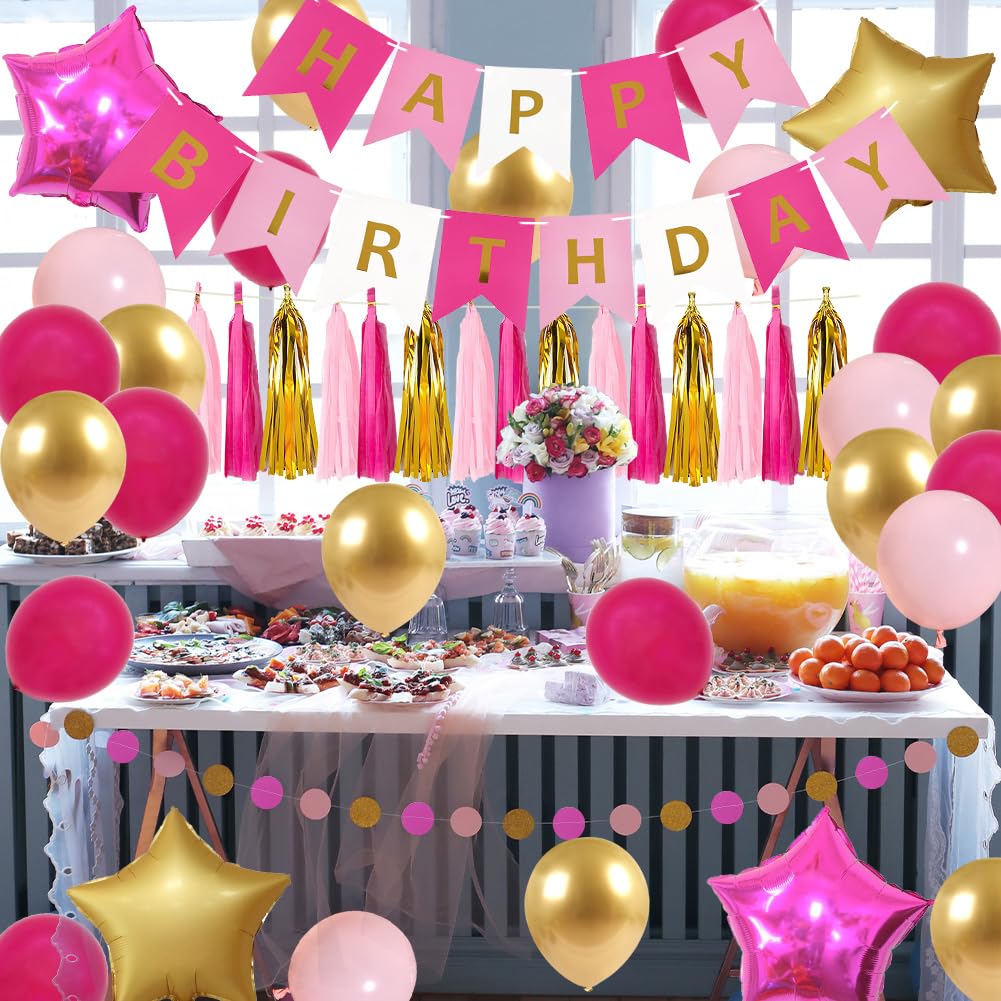 Hot Pink & Gold Birthday Party Decorations Set - Happy Birthday Banner, Tissue Pom Poms, Tassel Garland, Rose Red Balloons & Star Balloons for Women & Girls Birthday Supplies - Perfect for Baby Showers, Bridal Showers & Birthday Celebrations