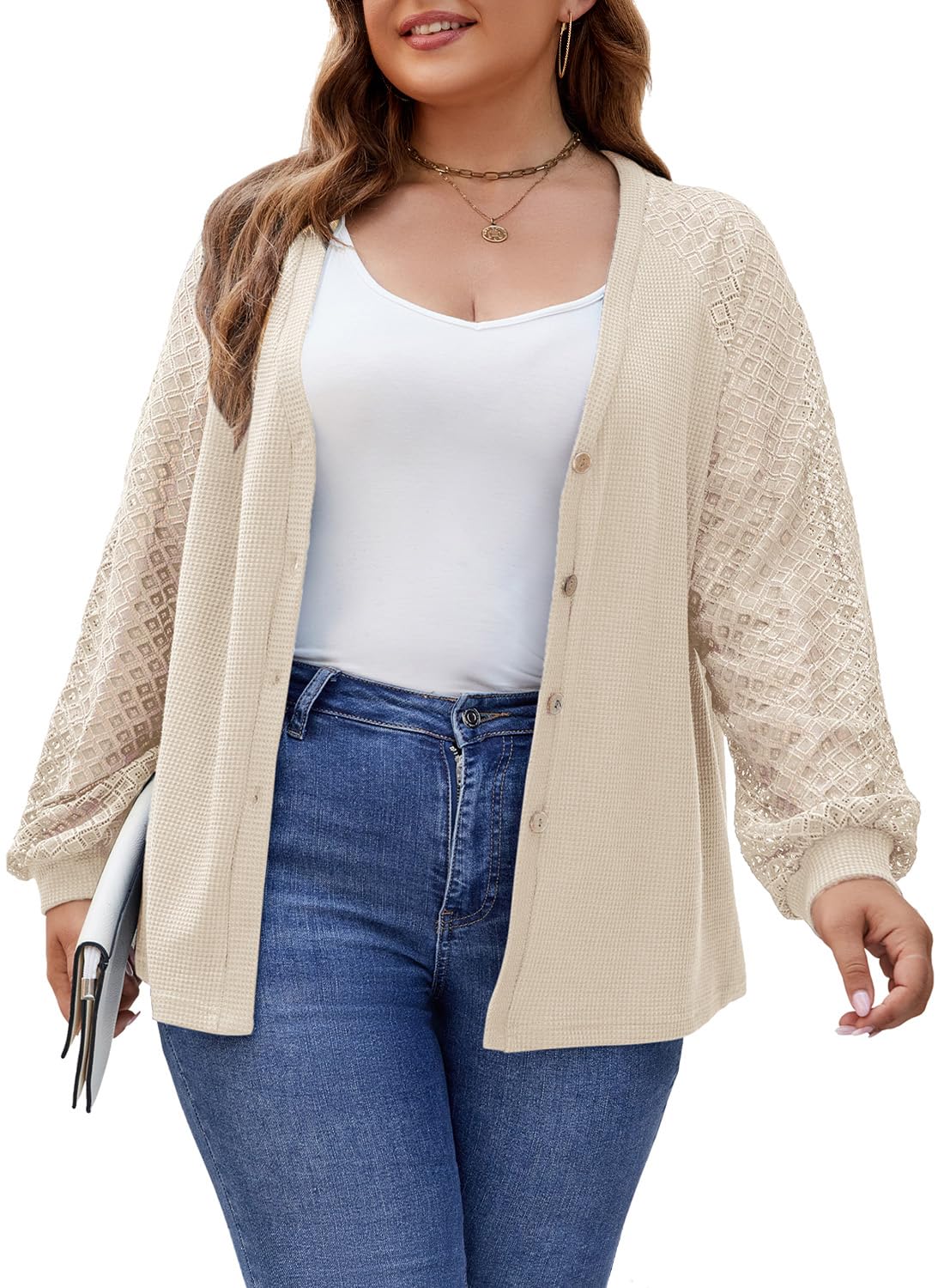 Plus Size Women's Lace Long Sleeve Button Down Cardigan - Soft Lightweight Waffle Knit Sweater for Casual Wear, Office & Fall Layering