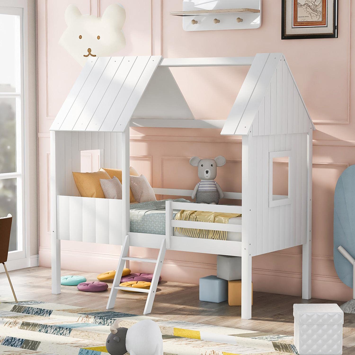Twin Size Low Loft House Bed Frame with Side Windows & Roof - Kids Bedroom Furniture for Teens, Girls & Boys - Under-Bed Storage Space - White (80.6