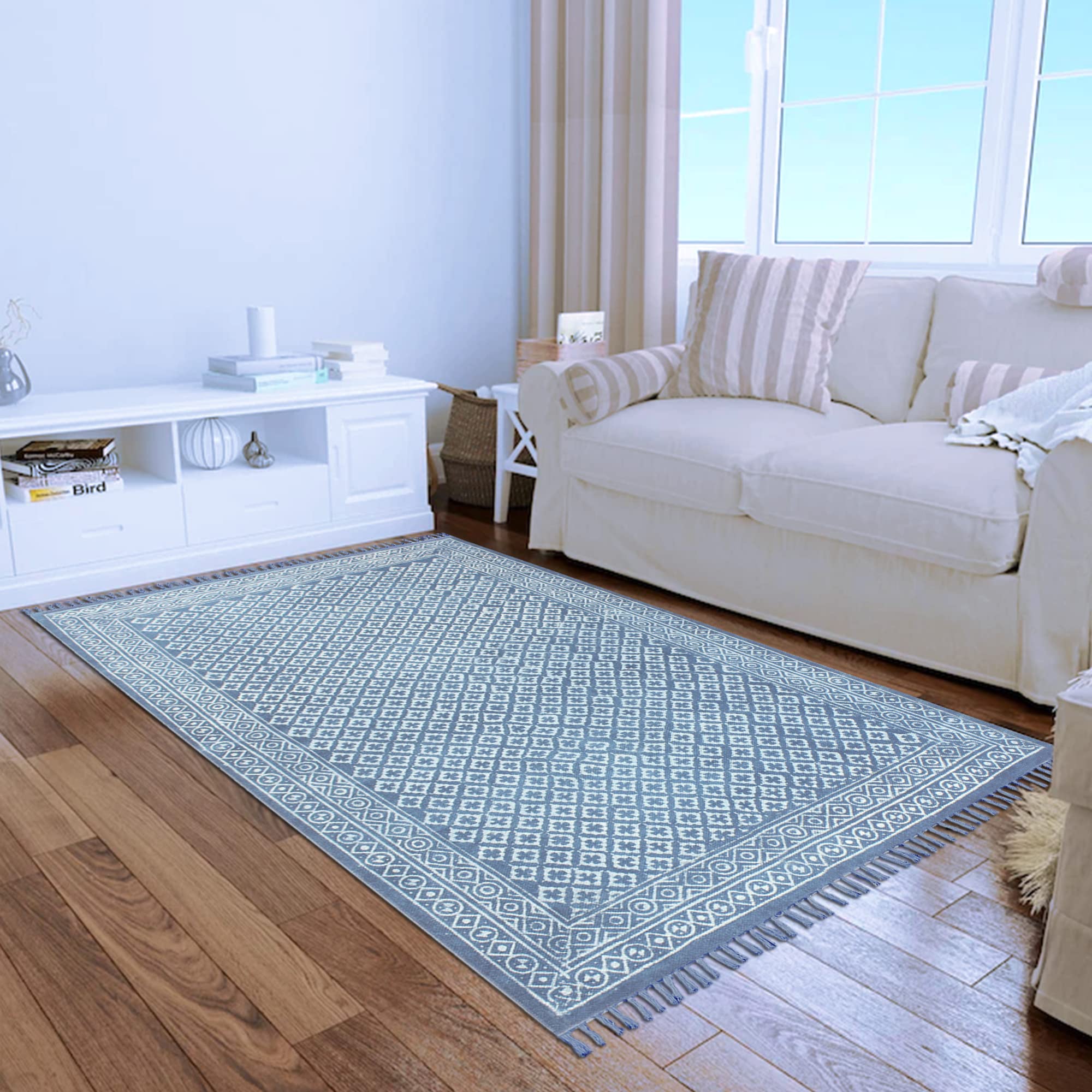 Handmade Cotton Dhurrie Dabu Print Area Rug - 3x5 Feet Flat Weave Boho Kilim Carpet with Tassels | Durable Indoor/Outdoor Floor Decor for Living Room, Bedroom & Patio | 90x150 cm Eco-Friendly Throw Rug