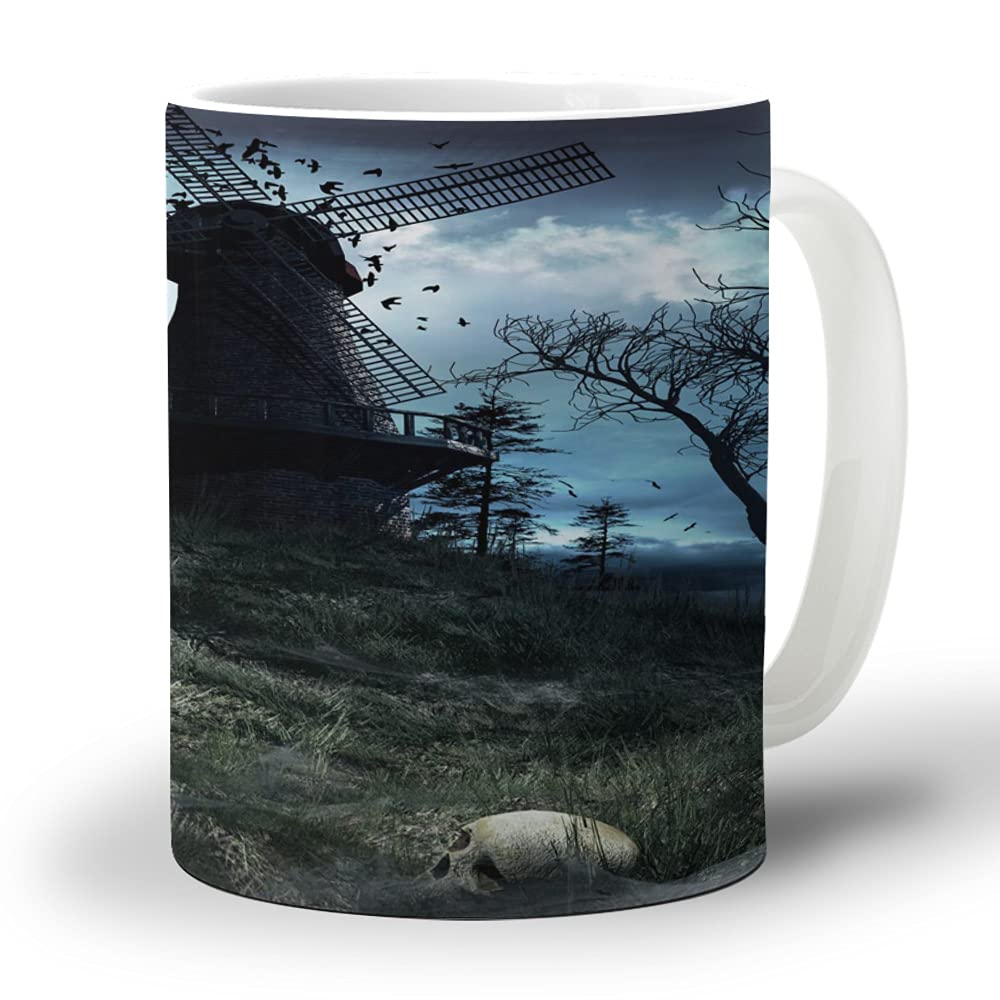**Gruesome Sky Windmill & Skull Ceramic Coffee Mug - 15oz Hot Chocolate, Tea Cup for Office & Home - Dishwasher & Microwave Safe - Perfect for Halloween, Gothic Decor & Horror Fans**