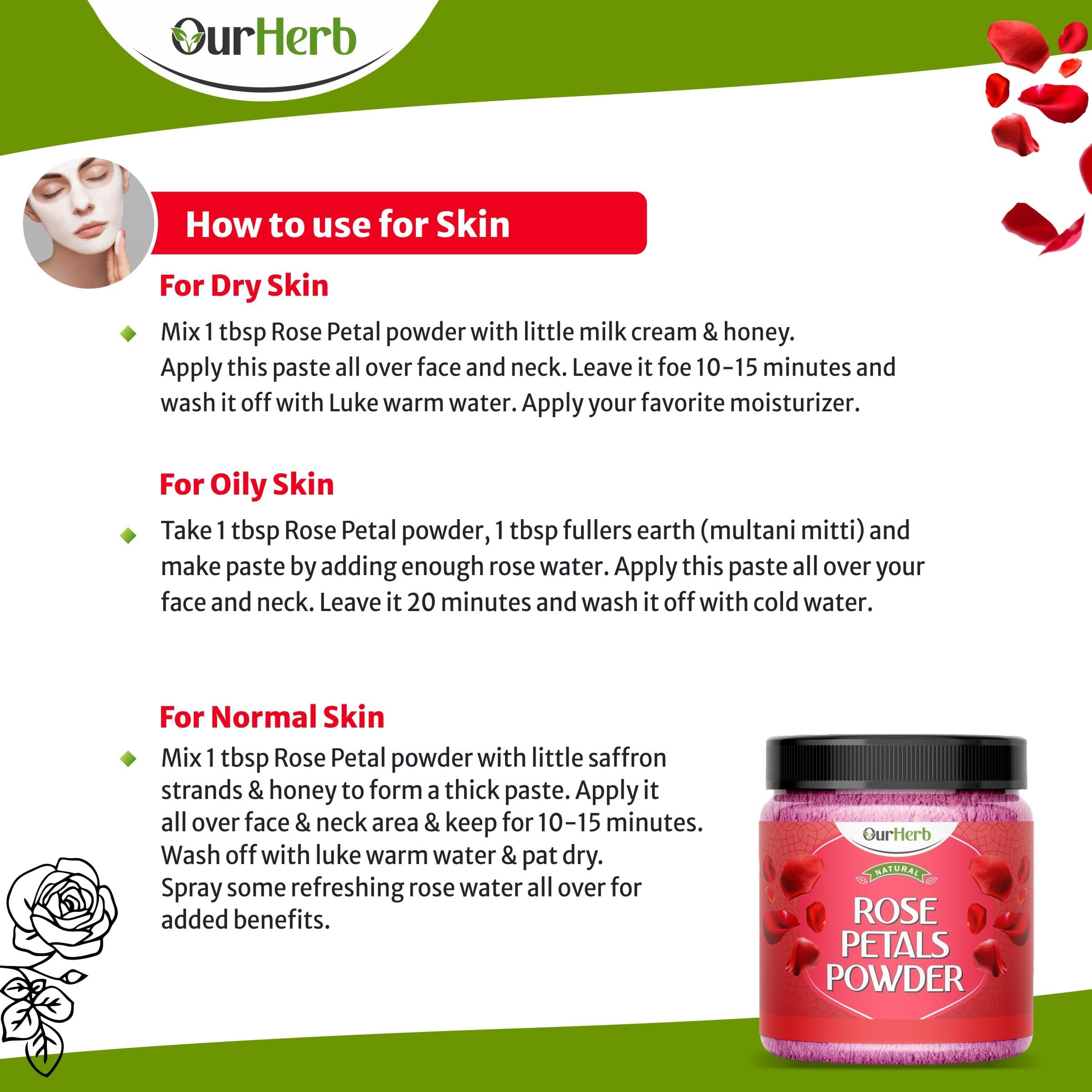 Pure & Natural Rose Petal Powder for Skin & Hair Care - Vitamin Enriched Face Mask for Fairness, Tan Removal & Glowing Skin with Wooden Spoon (200g/7oz) | DIY Beauty Treatment for Spa, Facial & Home Skincare Routine