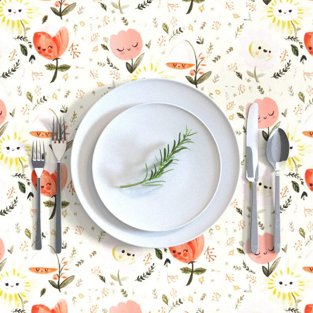 Custom Printed Cotton Sateen Tablecloth 70x120 Inches - Whimsical Spring Floral Watercolor Design with Kawaii Greenery | Perfect for Dining Tables, Picnics & Boho Home Decor