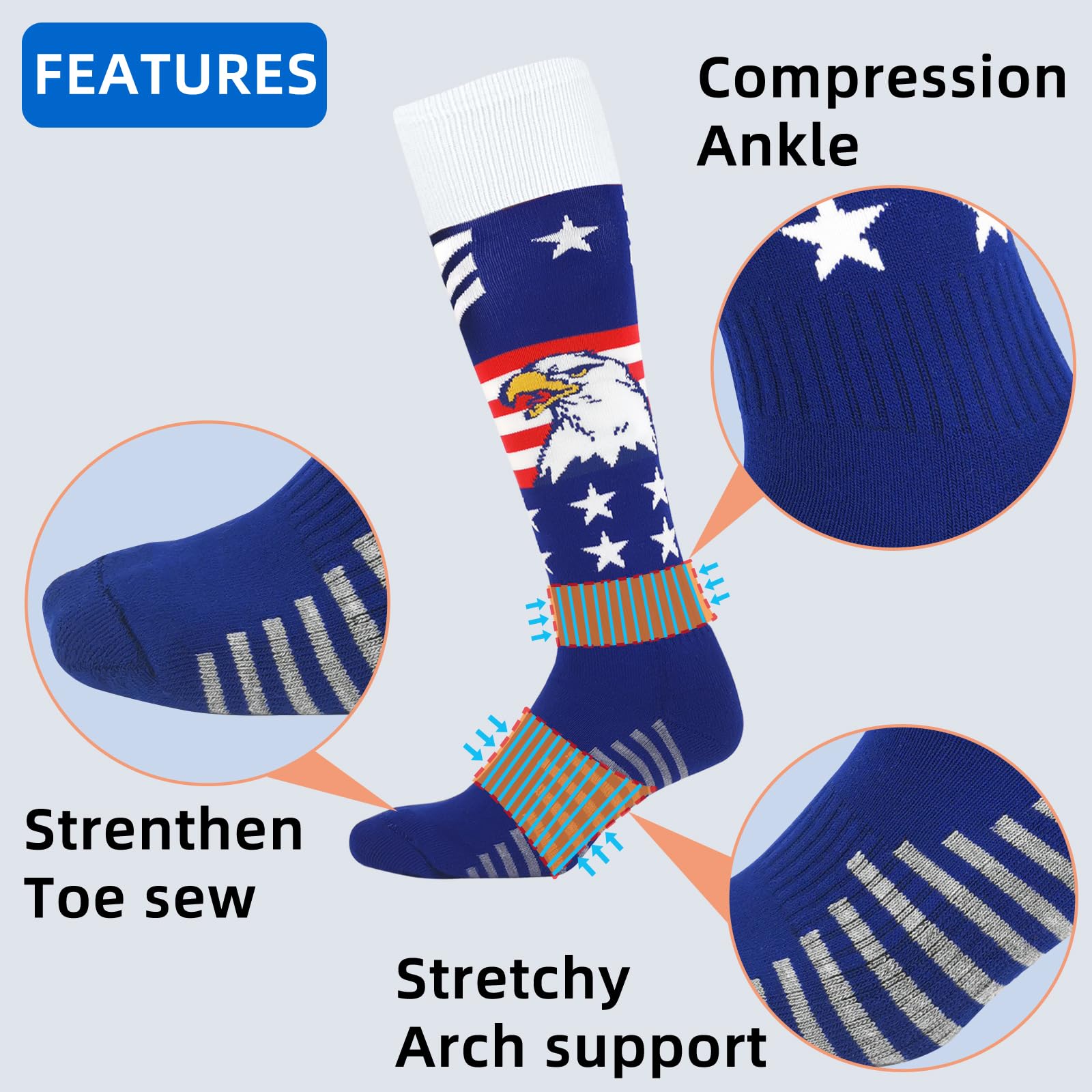 American Flag Eagle Knee High Socks - Athletic Over the Calf Compression Socks for Men & Youth Boys - Baseball, Softball, Football Sports Socks (Eagle 07-M) - Perfect for Game Day, Training & Patriotic Outfits