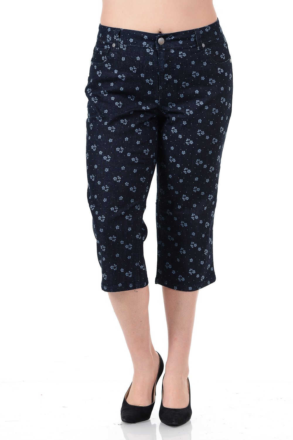 Women's Plus Size Dark Blue Floral Print Capri Crop Jeans by Avenue Denim - Perfect for Casual Outings, Summer Styling & Boho Fashion