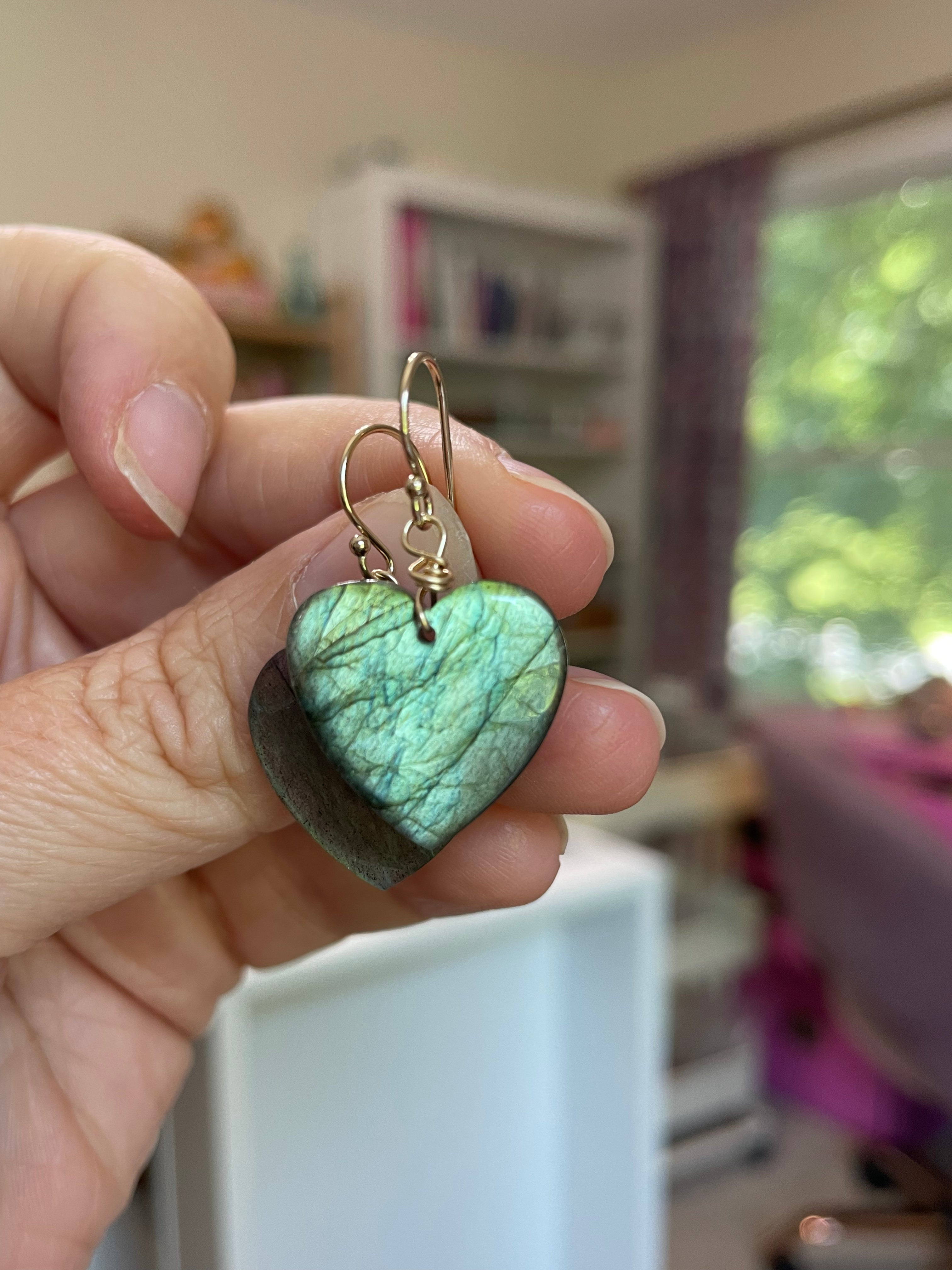 Gold Labradorite Heart Dangle Drop Crystal Earrings for Women - Elegant Gemstone Jewelry Gift for Birthday, Anniversary & Special Occasions