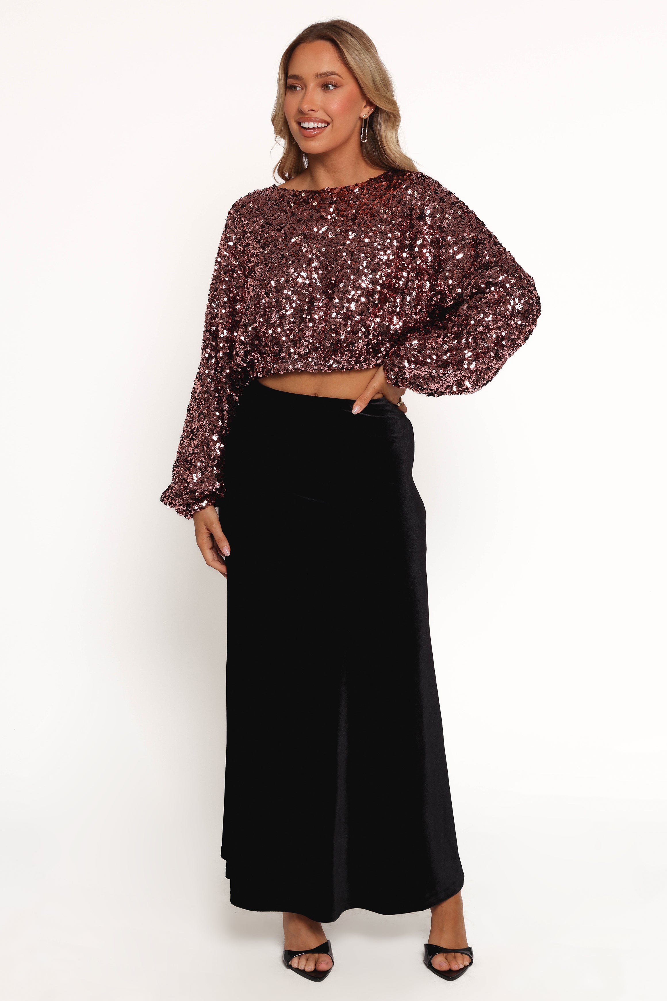 Adelina Sequin Top for Women - Black Rose Glitter Party Blouse, Elegant Evening Wear for Night Out, Club, Dinner Date, and Special Occasions