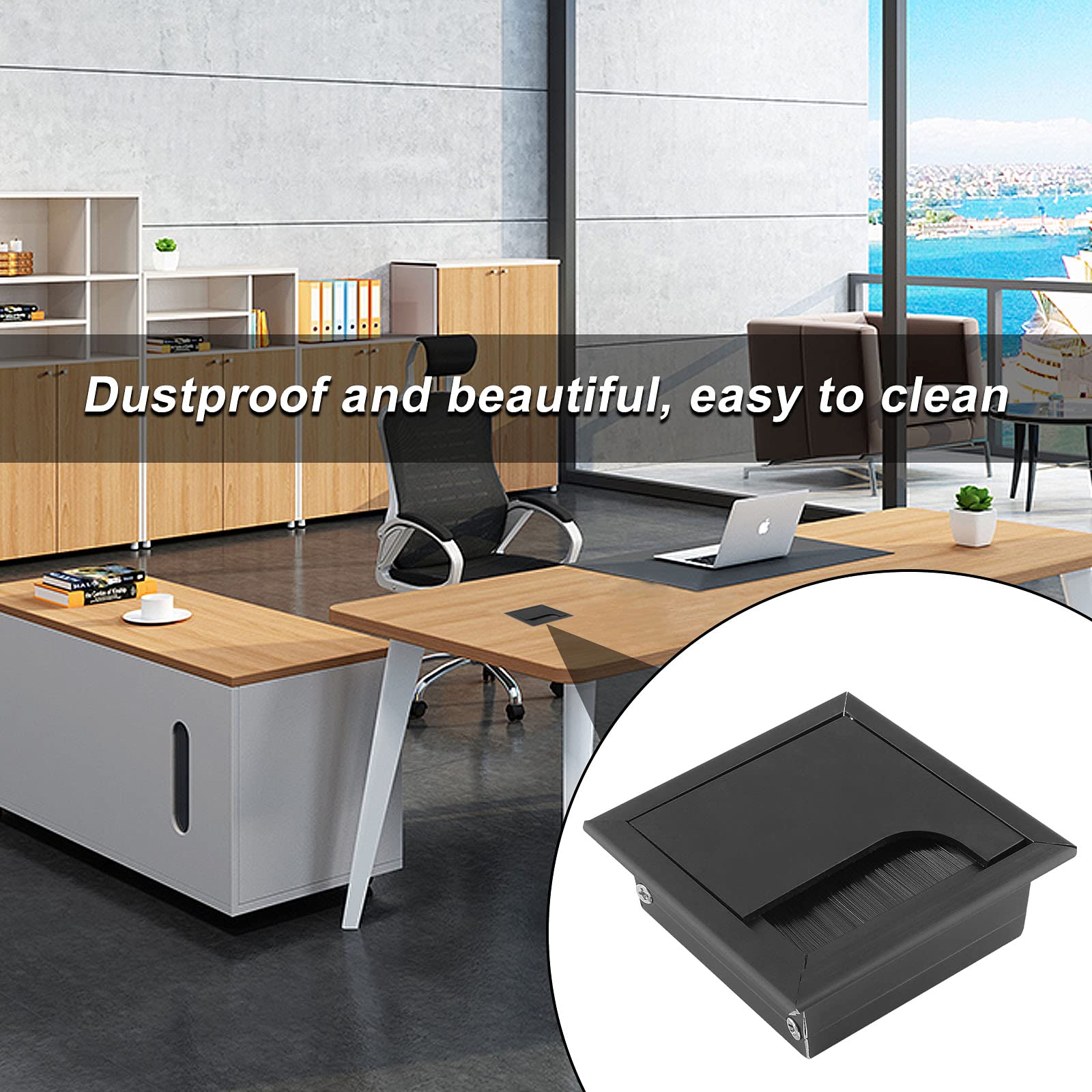 2-Pack 3 Inch (80mm x 80mm) Square Metal Desk Cable Grommet - Dustproof Black Cable Hole Cover for Computer Desk & Office Workstation | Perfect for Cable Management in Home Office & Gaming Setup