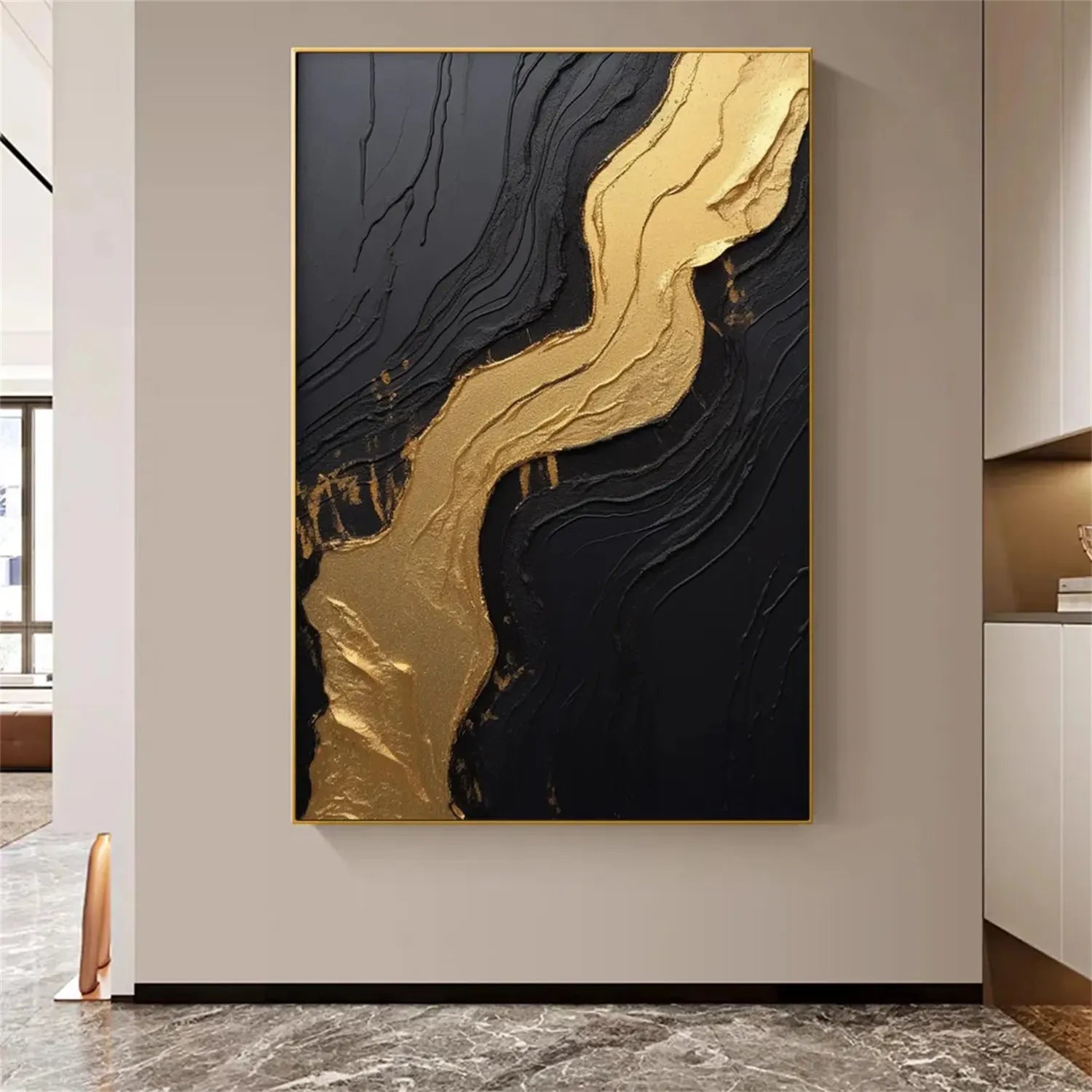 Black Gold Minimalist Textured Wall Art Painting #MZ130 - Modern Home Decor for Living Room, Bedroom & Office