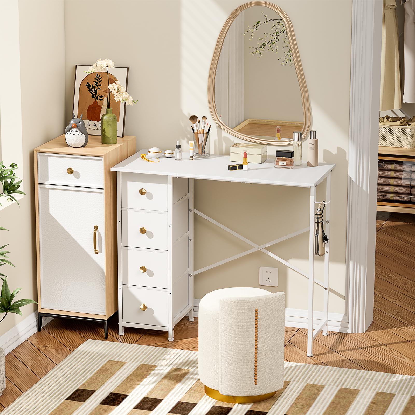 Vanity Desk No Mirror, Small Makeup Vanity Table with 4 Fabric Drawers, White Dressing Table for Small Spaces - 35.4 Inch Girls Bedroom Makeup Desk with Iron Hook | Perfect for Compact Bedrooms, Dorm Rooms & Apartment Decor
