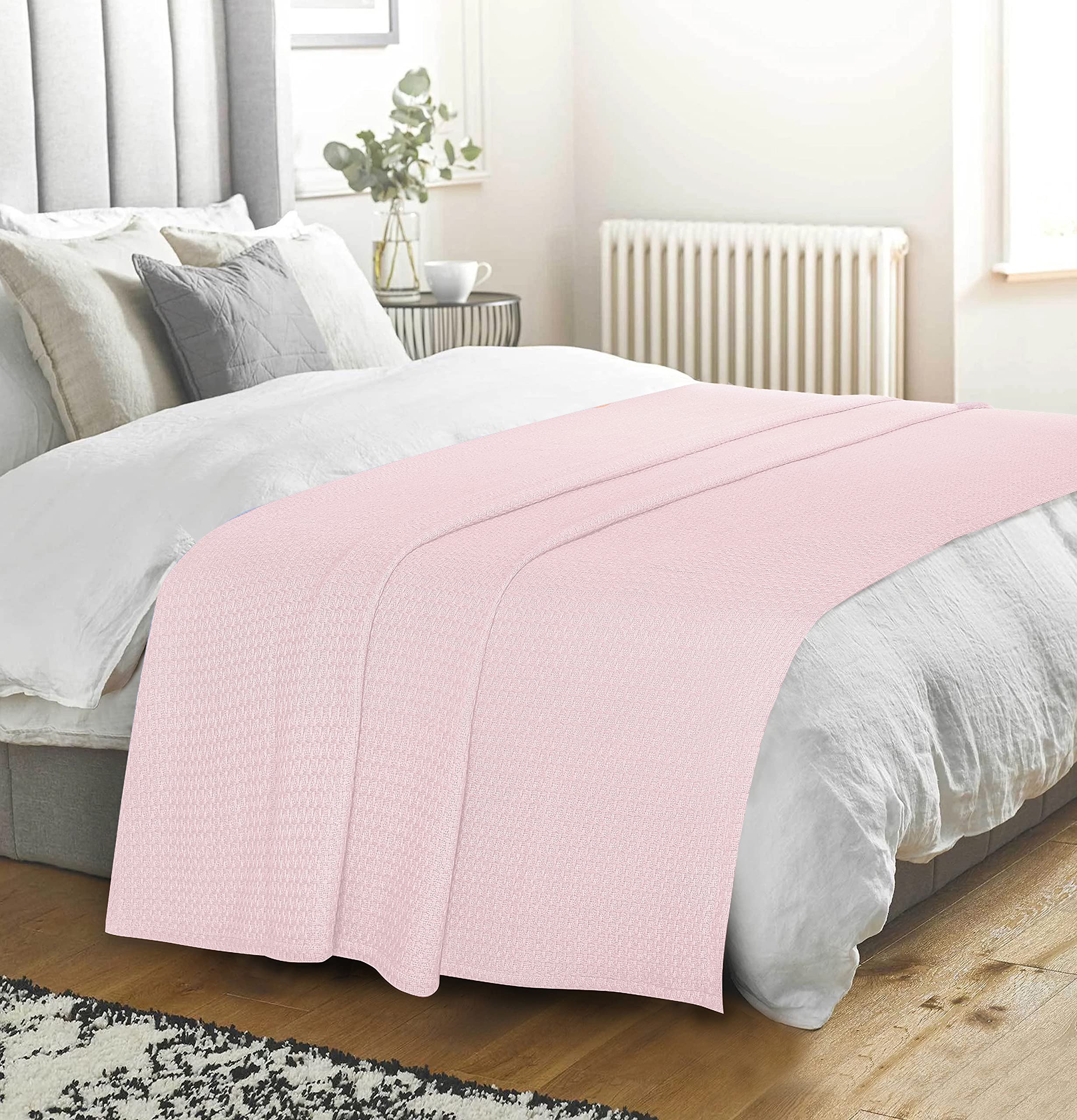 BELIZZI HOME 100% Cotton Twin Size Thermal Blanket - Breathable All-Season Bed Blanket for Layering | Soft Baby Pink Blanket for Adults & Kids | Perfect for Bedroom, Nursery, and Dorm Room