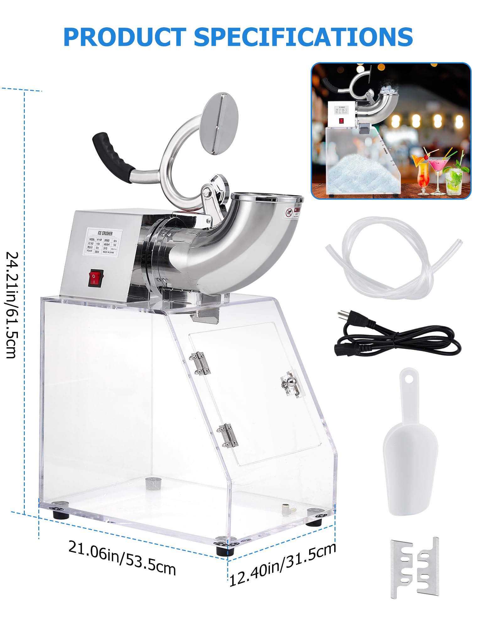 350W Commercial Ice Crusher Machine with Acrylic Case & Stainless Steel Dual Blades - Heavy Duty Safety Switch for Home Bars, Restaurants, and Smoothie Shops - Perfect for Cocktails, Slushies, and Frozen Drinks
