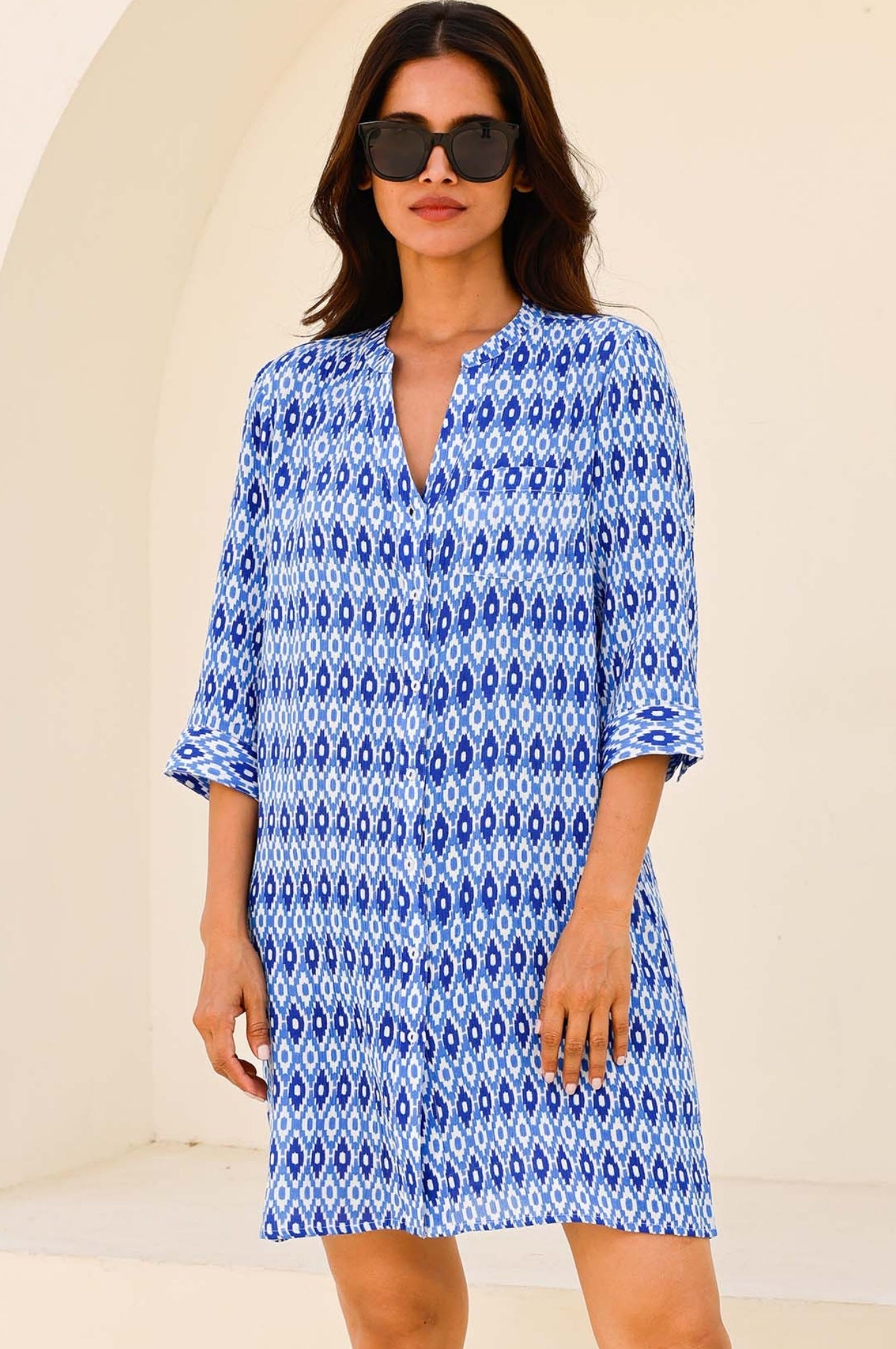 Mila Shirt Tunic for Women - Aztec Blue & White Floral Print Long Sleeve Blouse | Perfect for Office Wear, Casual Outfits and Special Occasions
