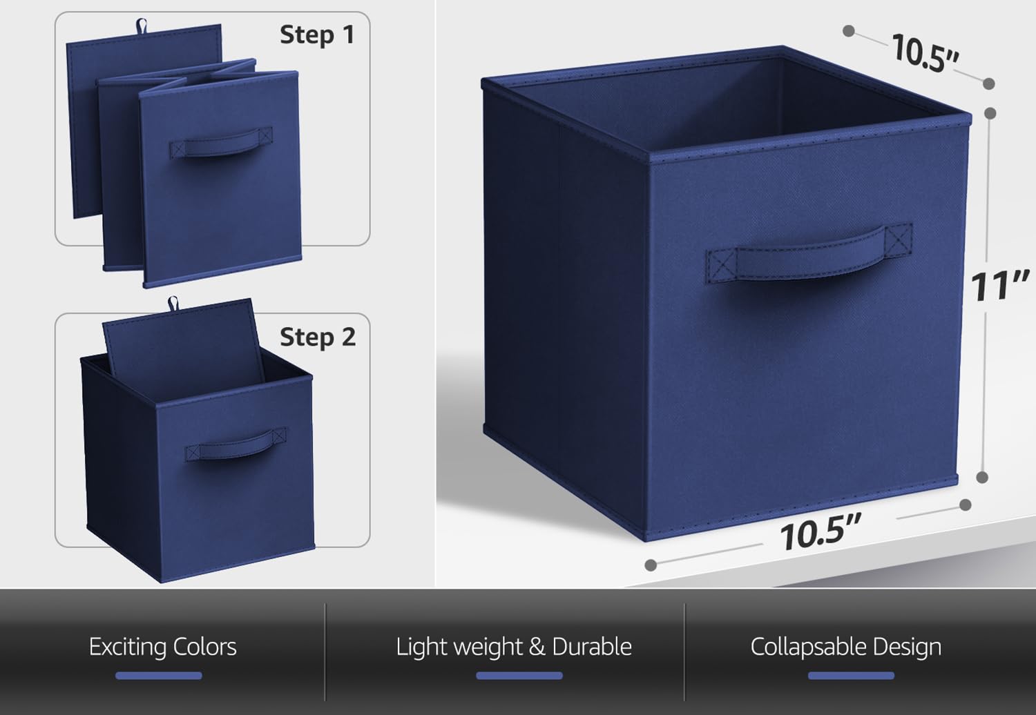 Sorbus Foldable Storage Cubes - Set of 6 Navy Blue Fabric Bins with Dual Handles for Home Organization (11 Inch) - Perfect for Pantry, Closet, Nursery, Playroom, Toy Storage & Shelving Units
