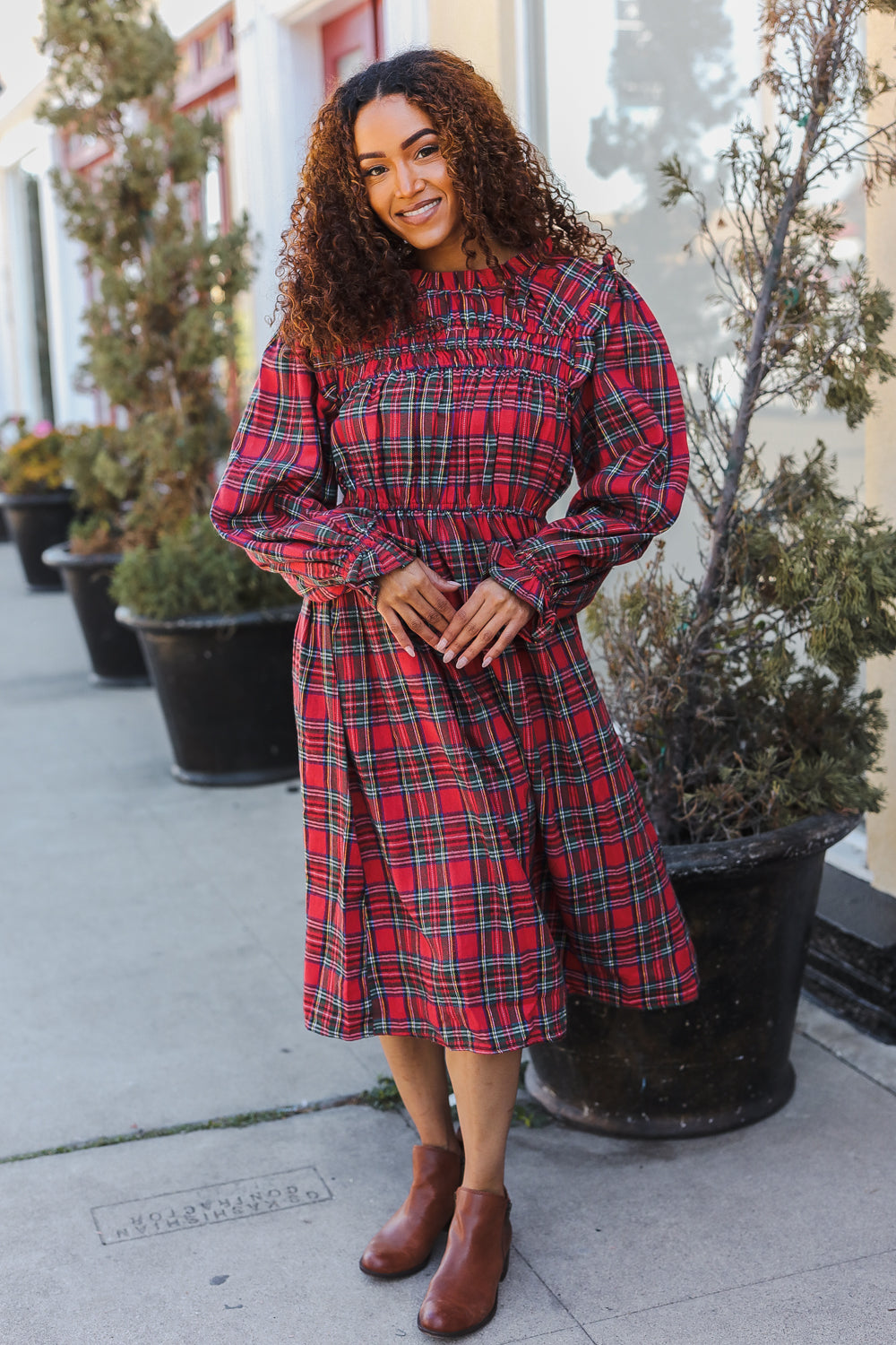 Hunter Red Plaid Check Woven Pocketed Dress for Women | Casual & Party Wear | Perfect for Fall, Winter & Holiday Outfits