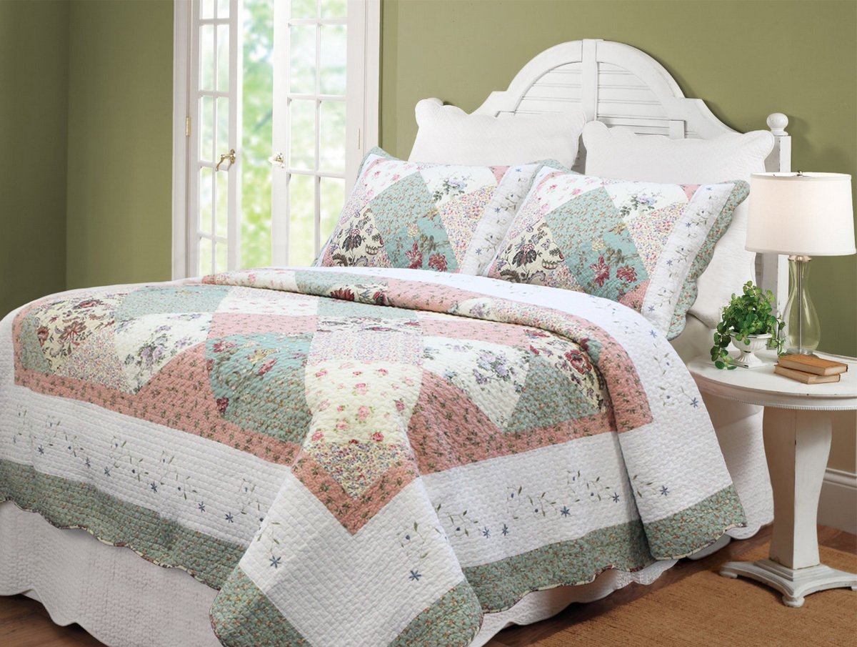 100% Hypoallergenic Cotton Patchwork 3-Piece Quilt Set - Full/Queen Size Coral Bedding for Cozy Bedroom Decor | Soft & Breathable Comforter for All Seasons