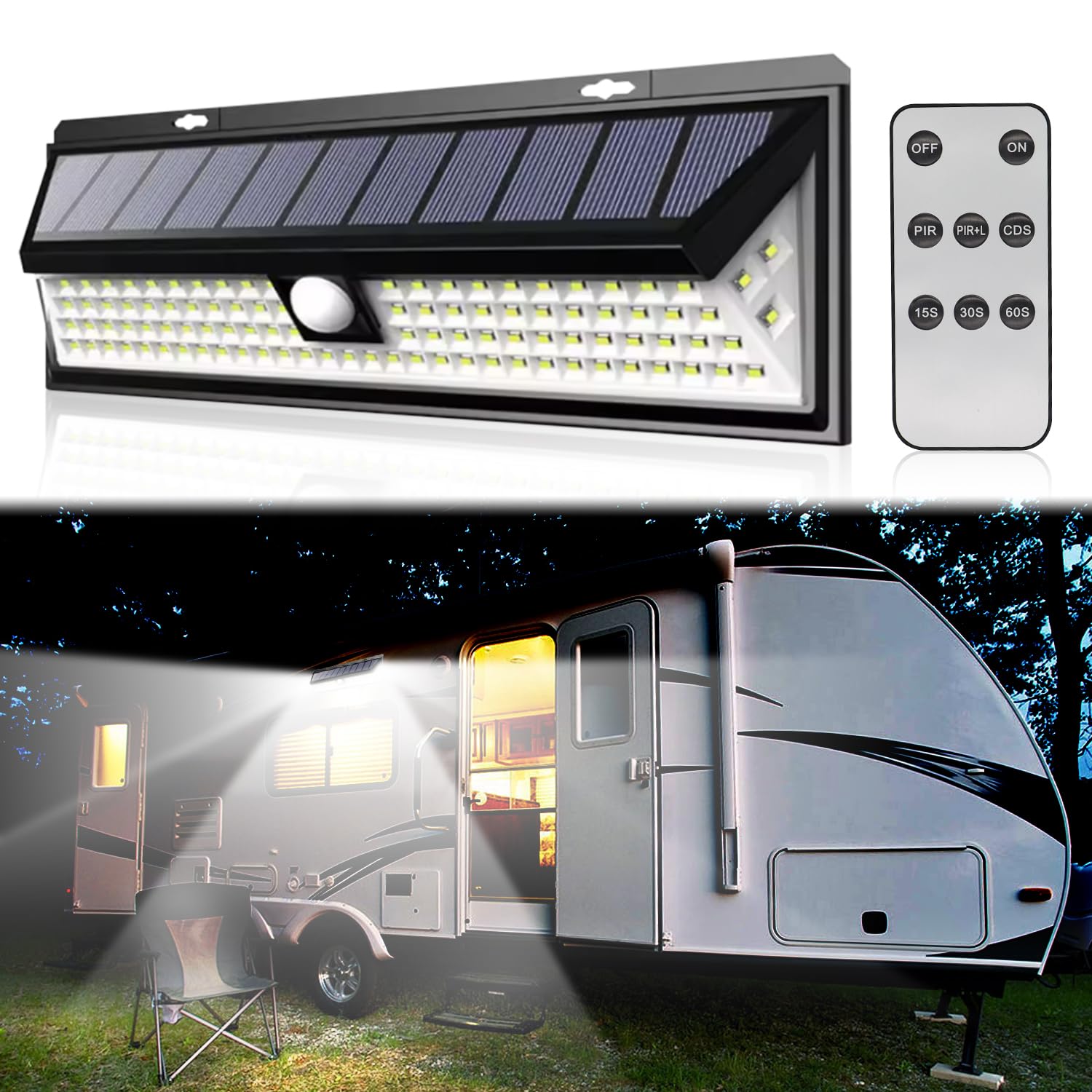 **118 LED Solar RV Porch Light with Motion Sensor & Remote Control - Waterproof Outdoor Lighting for Motorhomes, Travel Trailers, Campers, Food Trucks - Perfect for Nighttime Safety & Convenience**