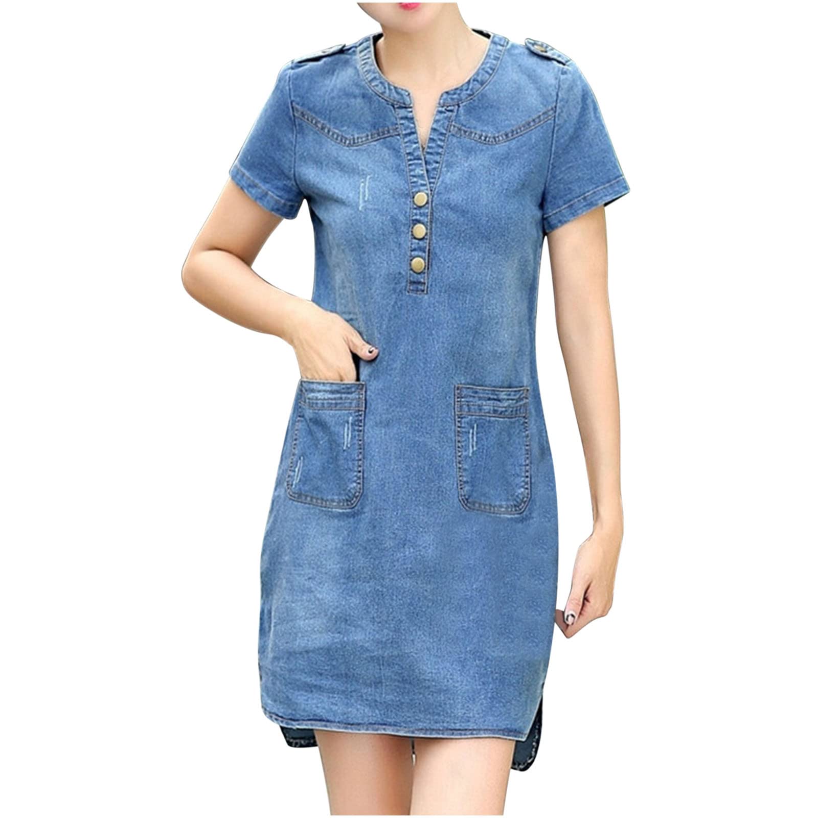 MRGIINRI Women's Denim Midi Dress - Casual Lapel Collar Button Down Sundress with Pockets | Summer Short Sleeve Dress for Beach, Brunch & Everyday Wear