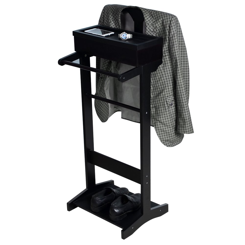 Black Wood Suit Valet Stand for Men - Father's Day Gift with Top Tray & Shoe Rack - 17