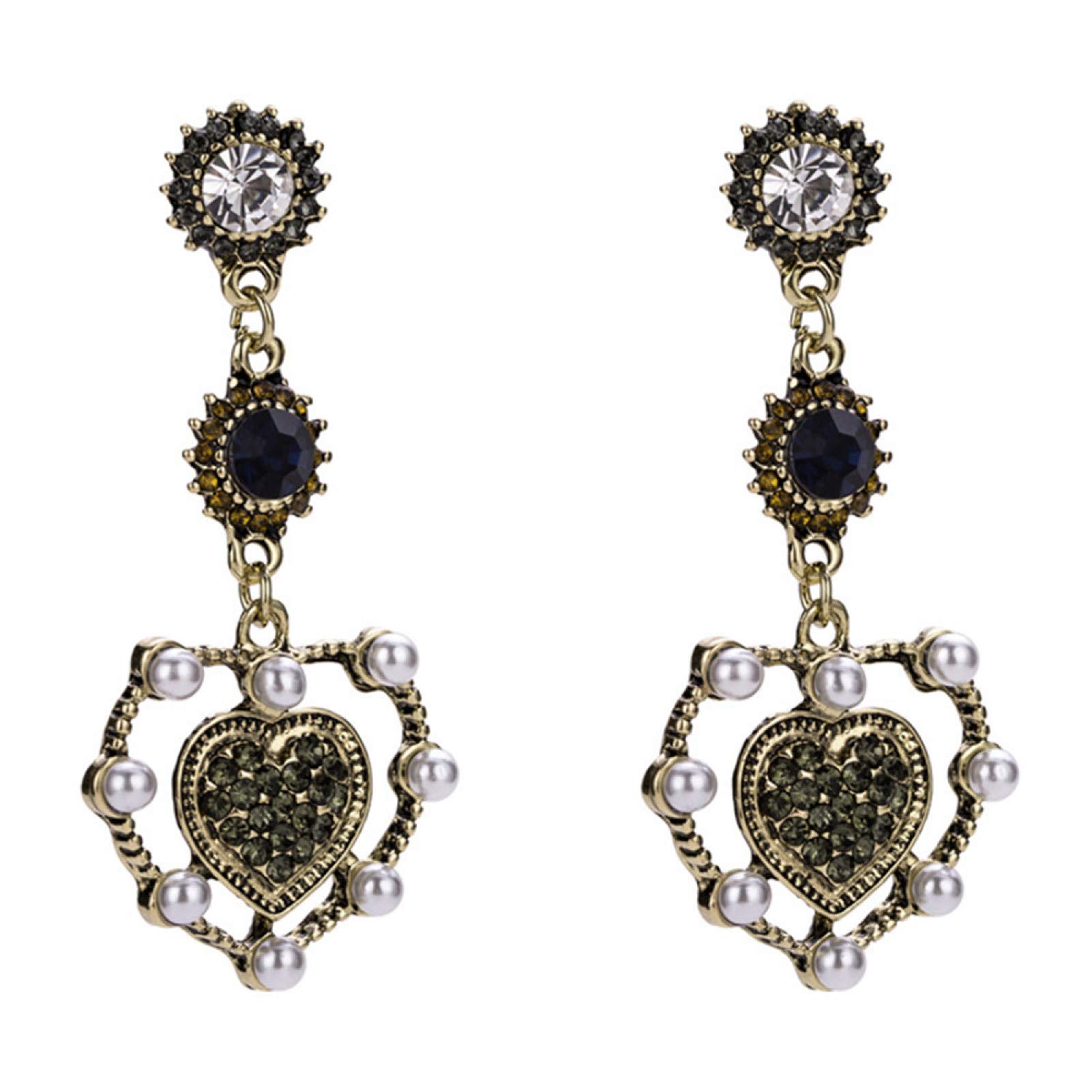 Vintage Faux Pearl Rhinestone Heart Drop Dangle Earrings for Women - Antique Gold Jewelry Gift for Her | Perfect for Parties, Weddings & Date Nights