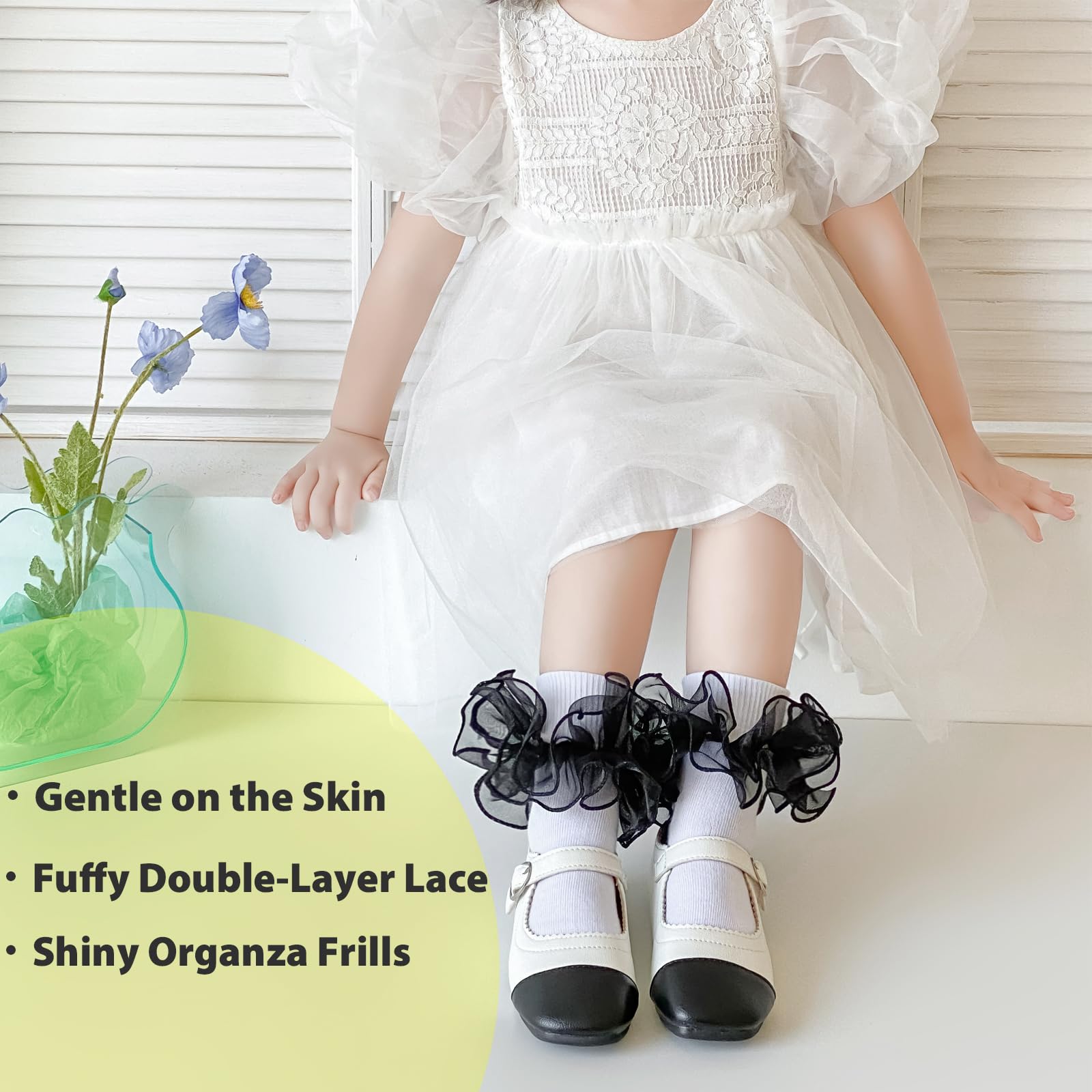 Girls Ruffle Socks - Double Lace Frilly Dress Socks for Toddlers & Little Girls (2-3 Pack) - Perfect for Parties, School & Special Occasions