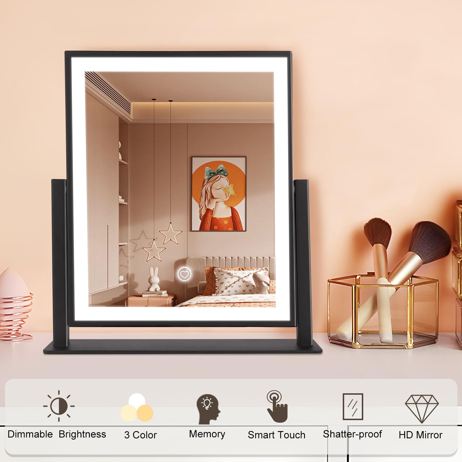 LED Makeup Mirror with Lights - 12 Inch Dimmable Vanity Mirror with Smart Control, Adjustable Warm White/Natural/Daylight Lighting, 360° Rotation - Perfect for Home Makeup, Salon, Wedding & Birthday Gifts (Black)