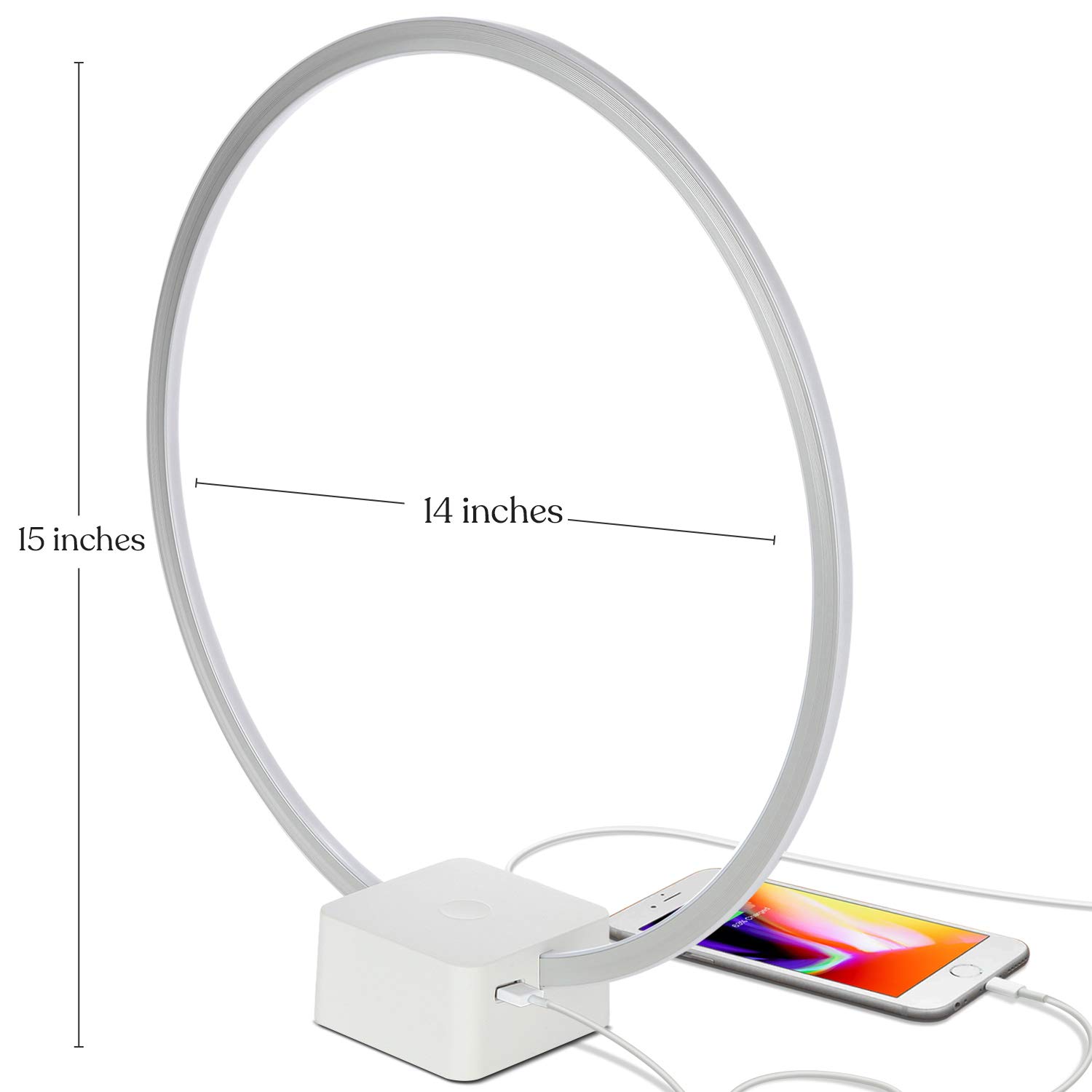Brightech Circle LED Nightstand Lamp with USB Port - Compact Modern Bedside Lamp for Bedroom, Living Room & Office - Adjustable Desk Lamp for Nightstand, Side Table & Workspace - White - Perfect for Reading, Working & Ambient Lighting