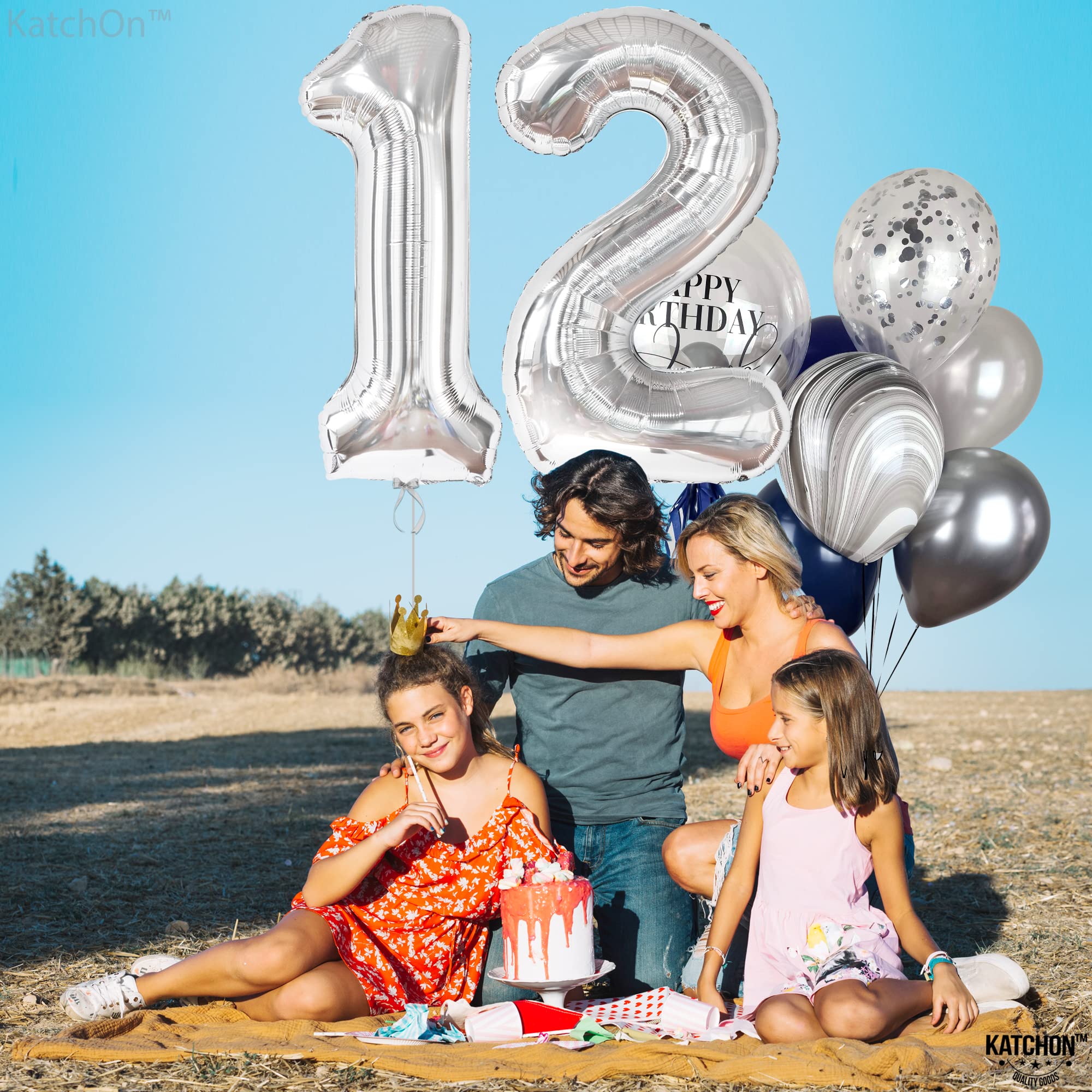 KatchOn 40 Inch Giant Silver Number 12 Balloon - Large 12th Birthday Decorations for Girls & Boys | Party Balloons for 12 Year Old Birthday Celebrations | Perfect for Birthday Parties, Photo Backdrops & Milestone Decor